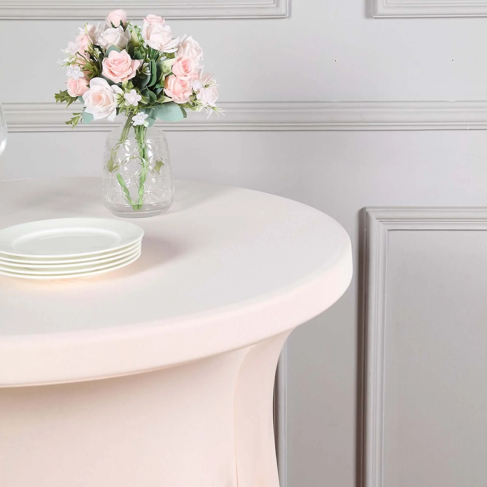 Spandex Round Cocktail Table Cover Skirt 30" Blush With Natural Wavy Drapes - Image 9