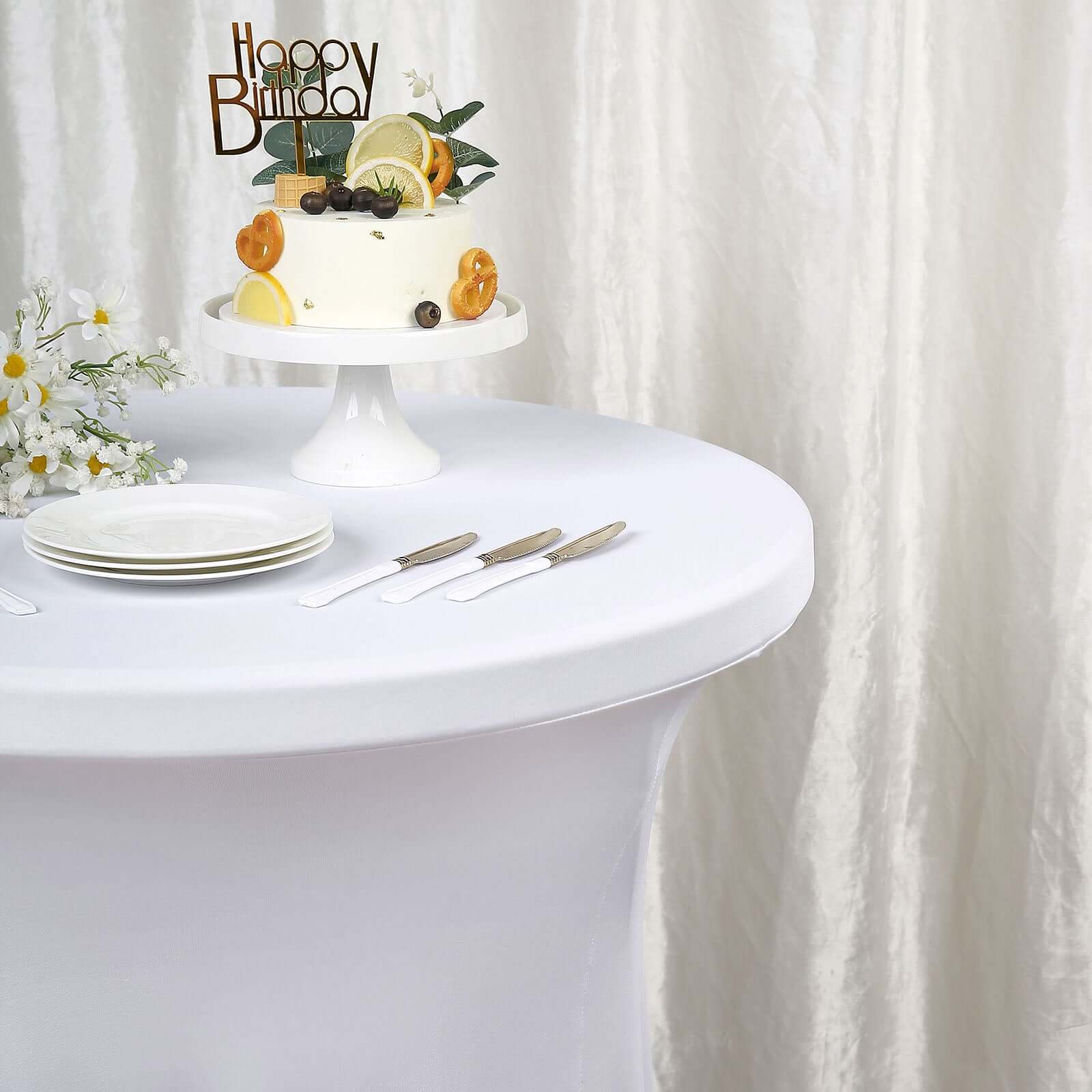 Spandex Round Cocktail Table Cover Skirt 30" White With Natural Wavy Drapes - Image 2
