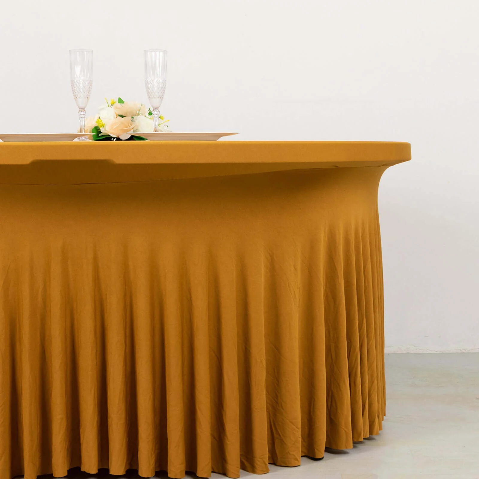 Spandex Round Tablecloth 5ft Gold - Classy Table Cover Skirt with Ruffles - Image 2