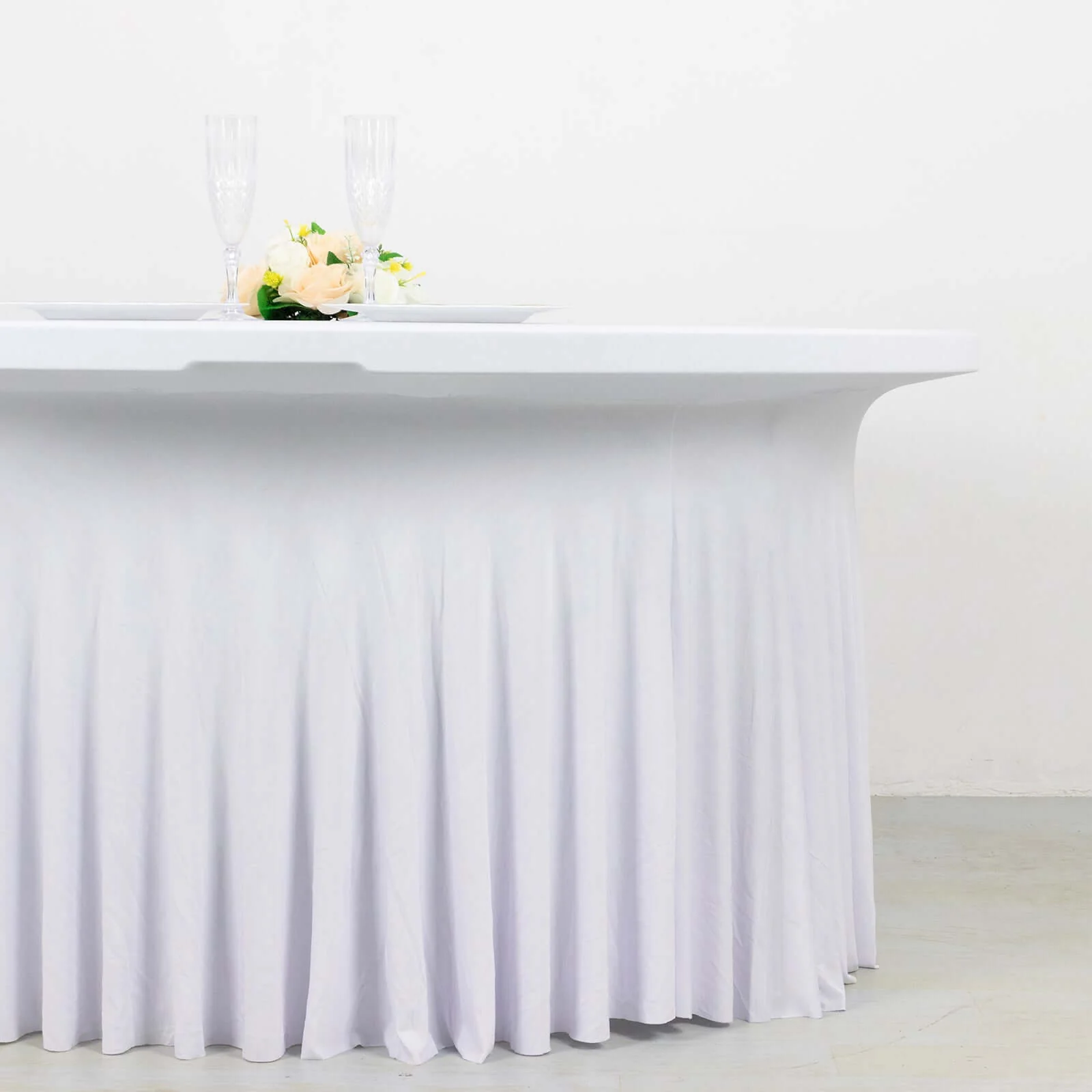 Spandex Round Tablecloth 5ft White - Classy Table Cover Skirt with Ruffles for Trade Shows, Galas & Corporate Events - Image 2