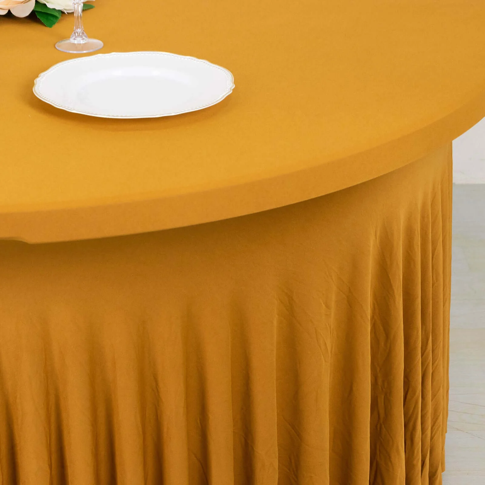 Spandex Round Tablecloth 6ft Gold - Classy Table Cover Skirt with Ruffles - Image 5