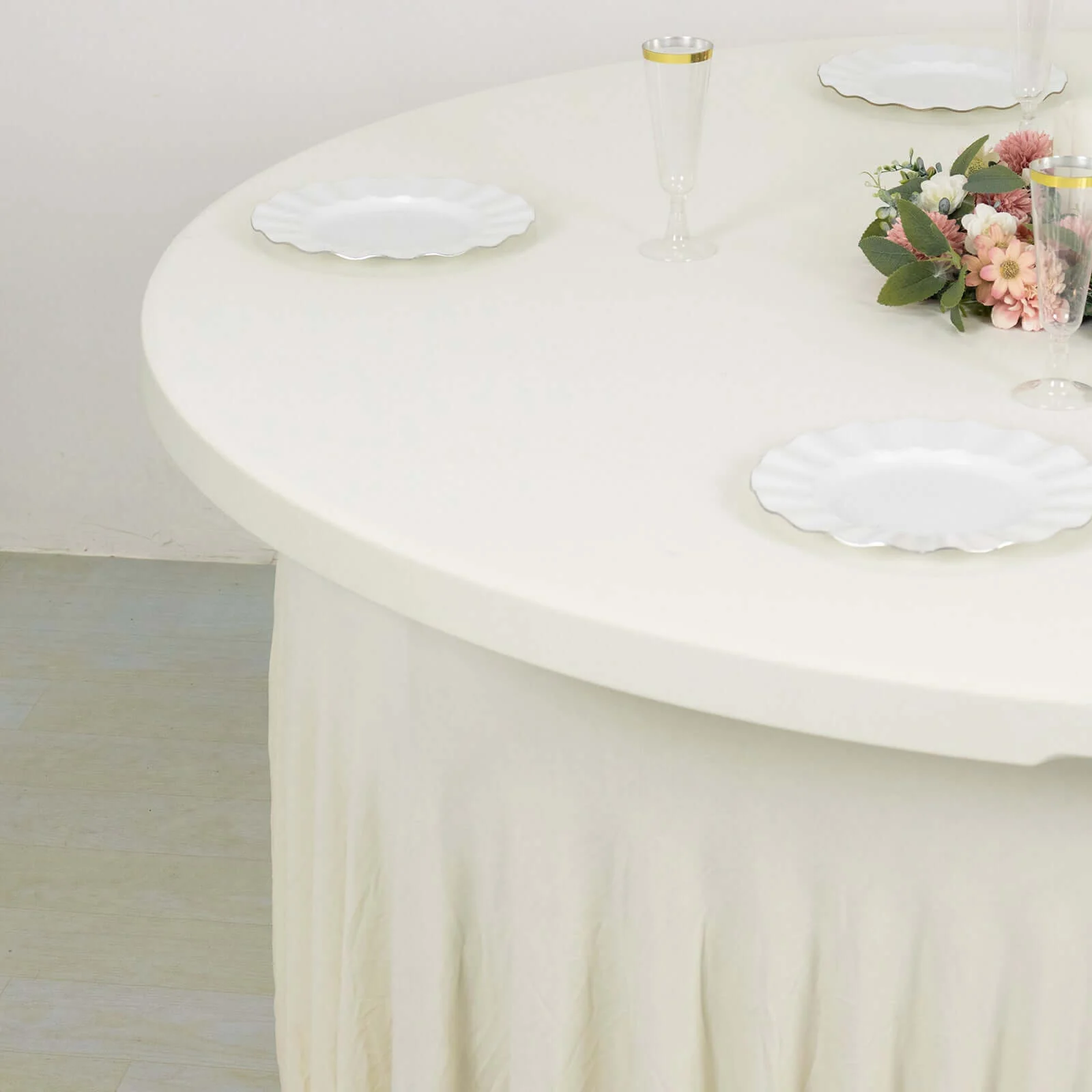 Spandex Round Tablecloth 6ft Ivory - Classy Table Cover Skirt with Ruffles - Image 4