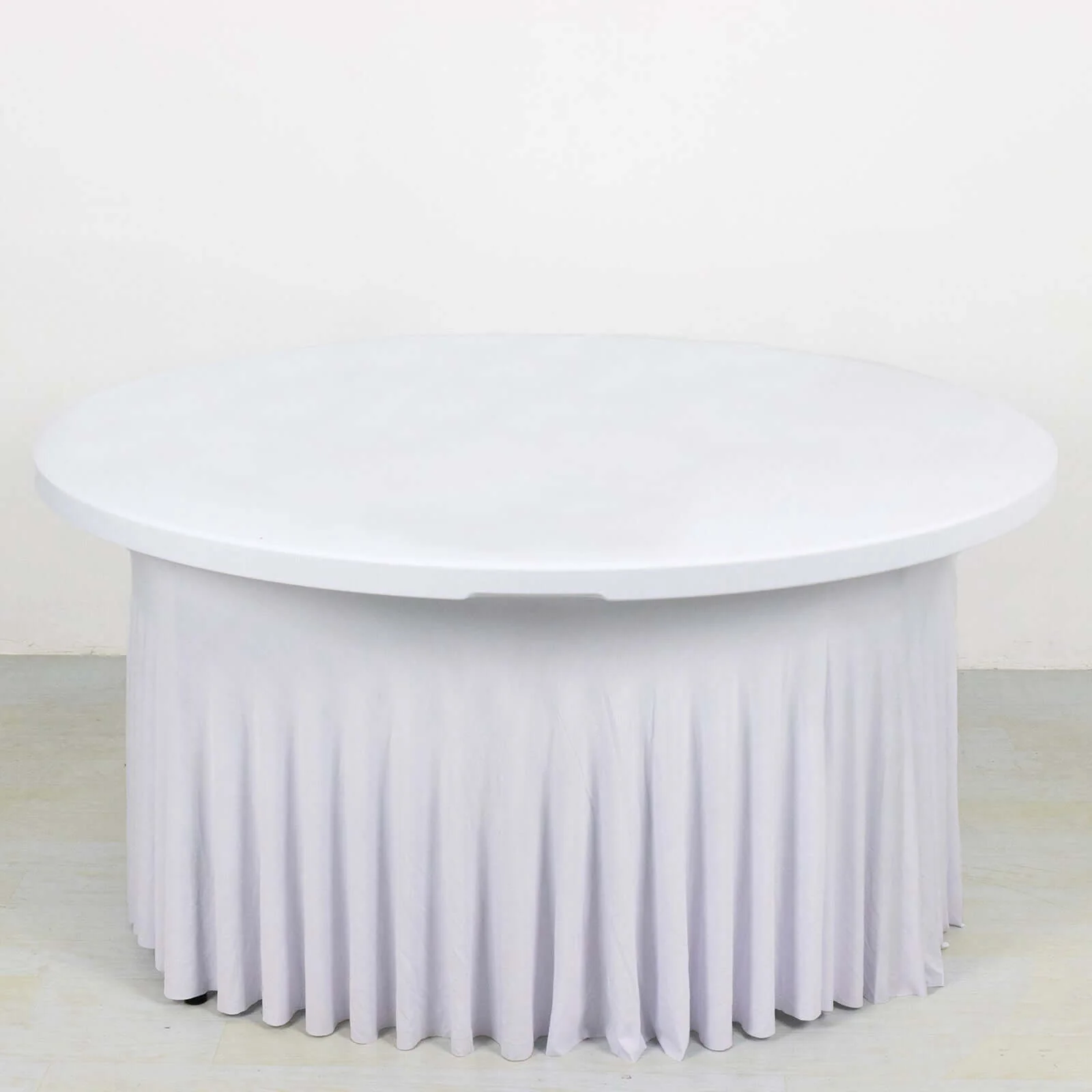 Spandex Round Tablecloth 6ft White - Classy Table Cover Skirt with Ruffles for Trade Shows, Galas & Corporate Events - Image 2