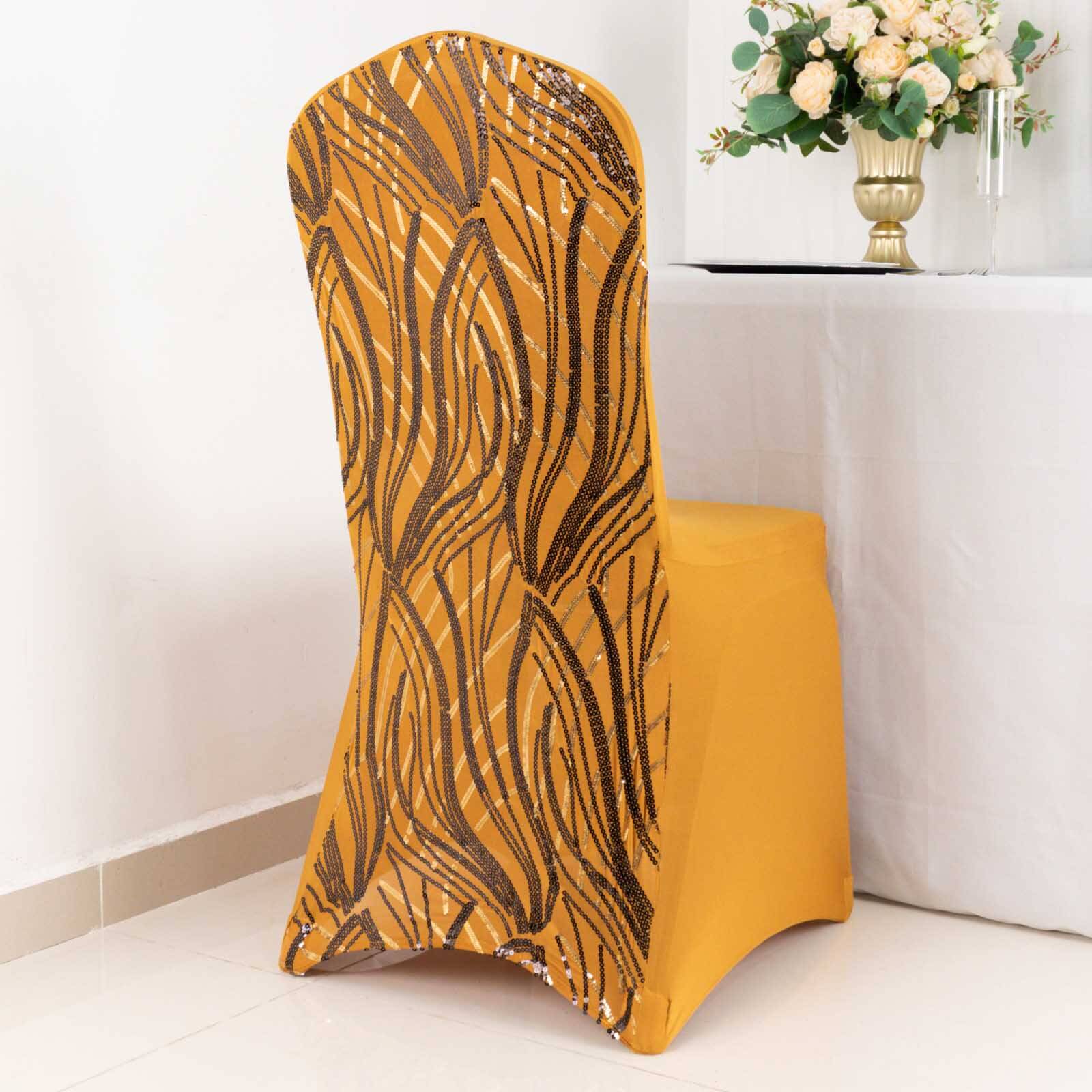 Spandex Stretch Banquet Chair Cover Gold/Black with Wave Embroidered Sequins - Fitted Slipcover - Image 9