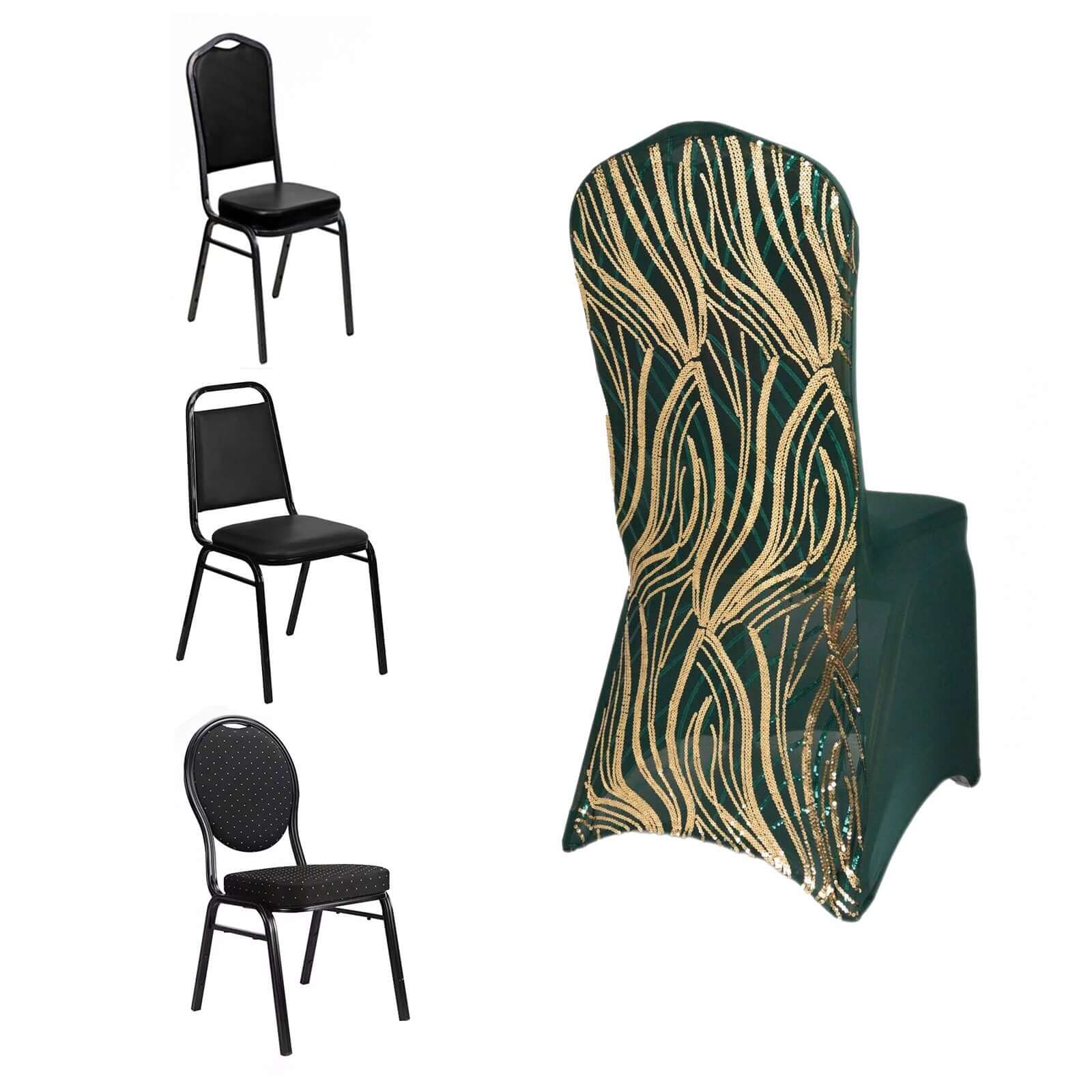 Spandex Stretch Banquet Chair Cover Hunter Emerald Green/Gold with Wave Embroidered Sequins - Fitted Slipcover - Image 10