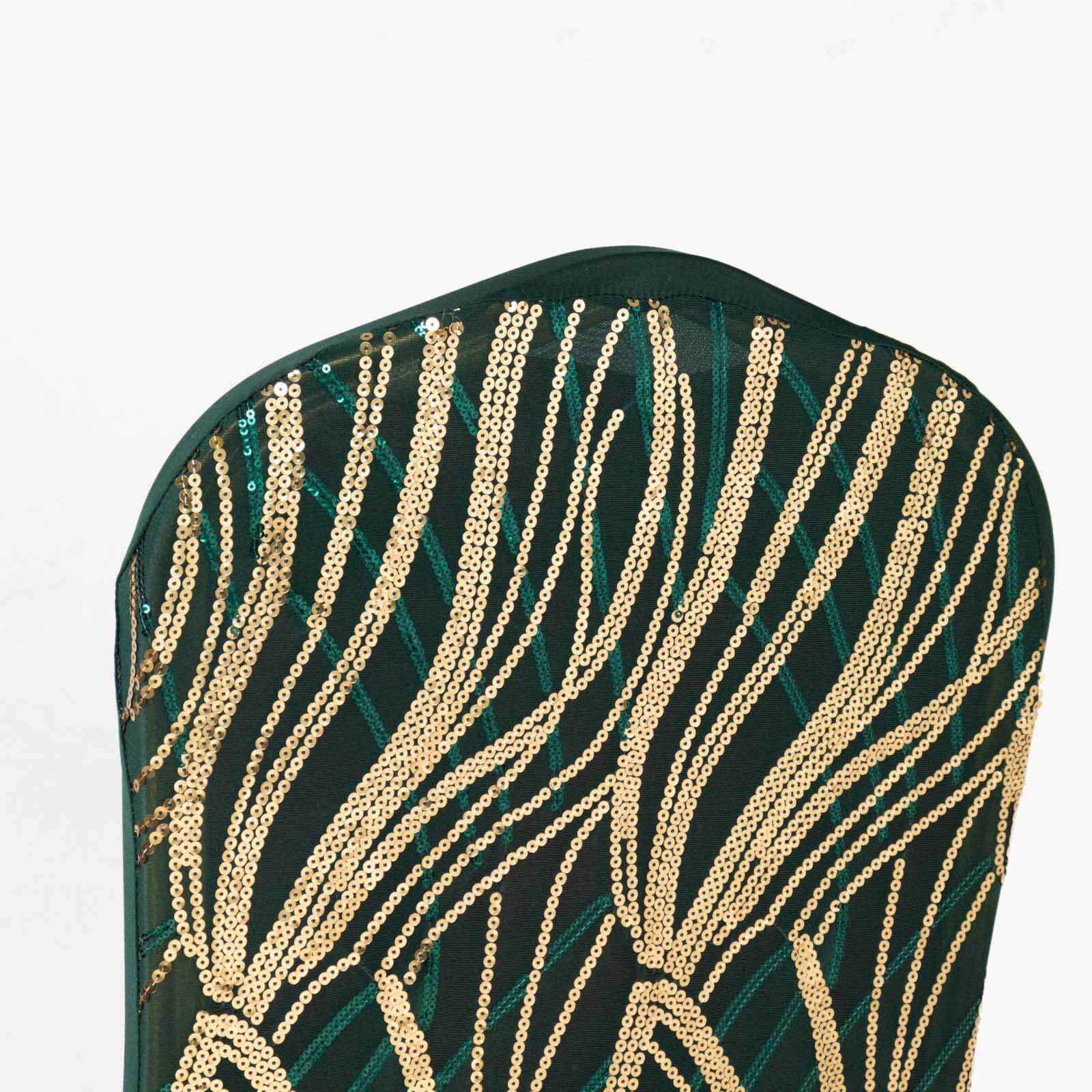 Spandex Stretch Banquet Chair Cover Hunter Emerald Green/Gold with Wave Embroidered Sequins - Fitted Slipcover - Image 2