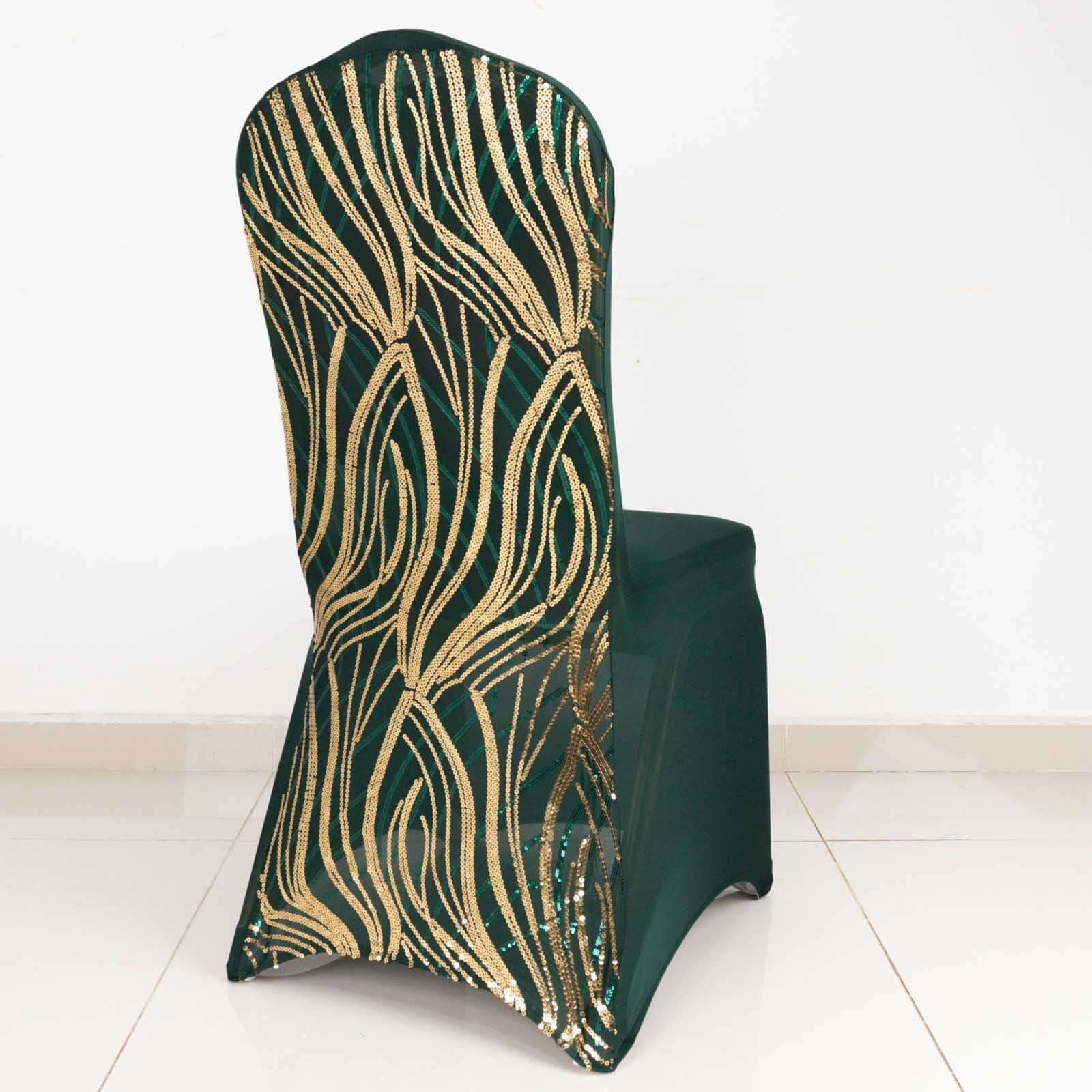 Spandex Stretch Banquet Chair Cover Hunter Emerald Green/Gold with Wave Embroidered Sequins - Fitted Slipcover - Image 3