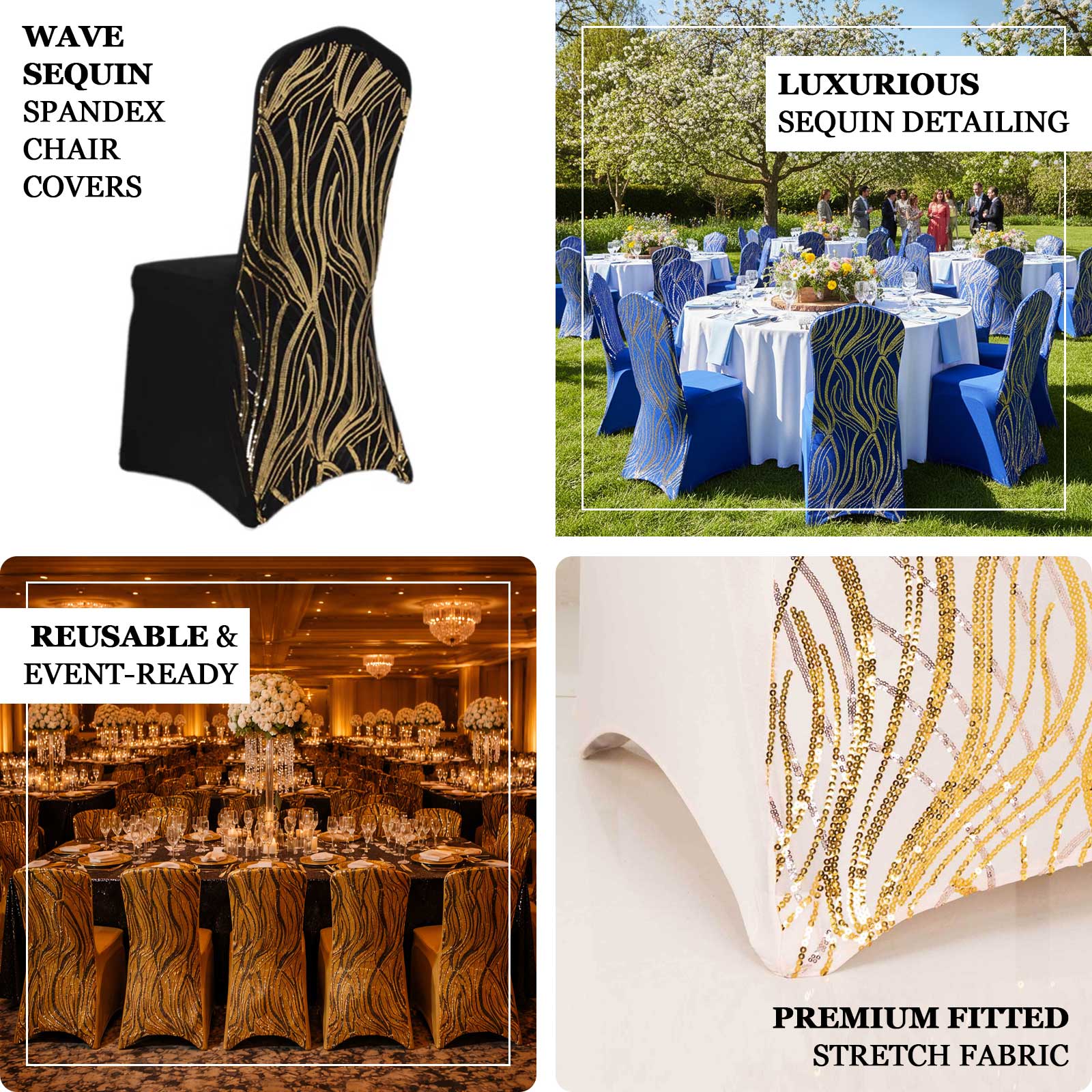 Spandex Stretch Banquet Chair Cover Hunter Emerald Green/Gold with Wave Embroidered Sequins - Fitted Slipcover - Image 4