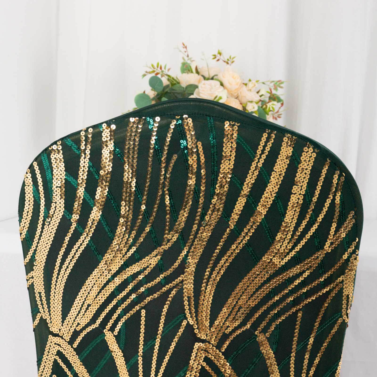 Spandex Stretch Banquet Chair Cover Hunter Emerald Green/Gold with Wave Embroidered Sequins - Fitted Slipcover - Image 6