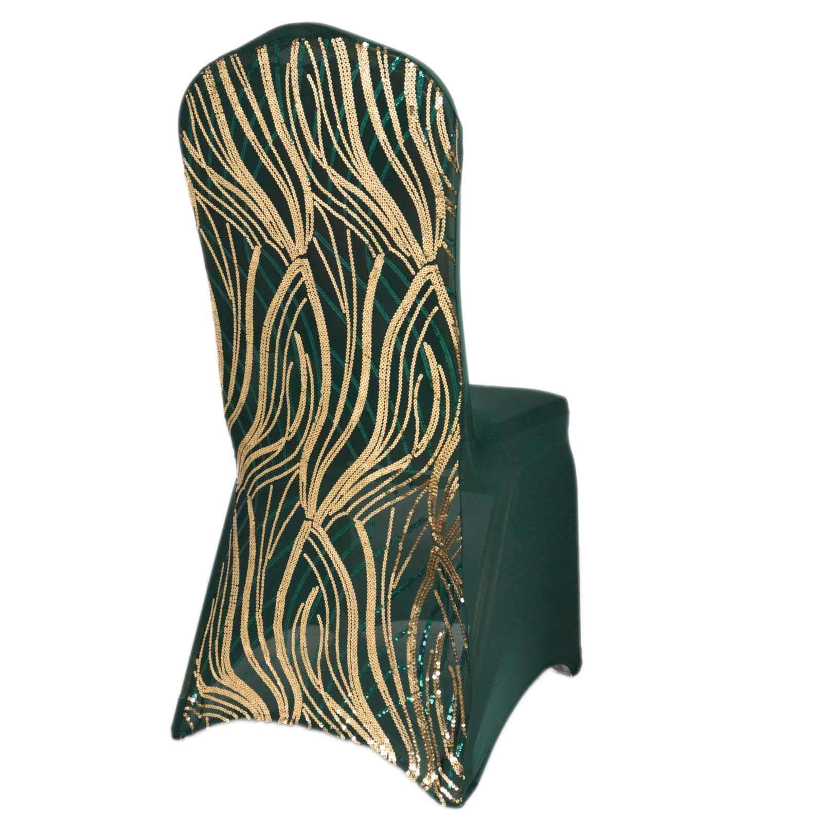 Spandex Stretch Banquet Chair Cover Hunter Emerald Green/Gold with Wave Embroidered Sequins - Fitted Slipcover - Image 8