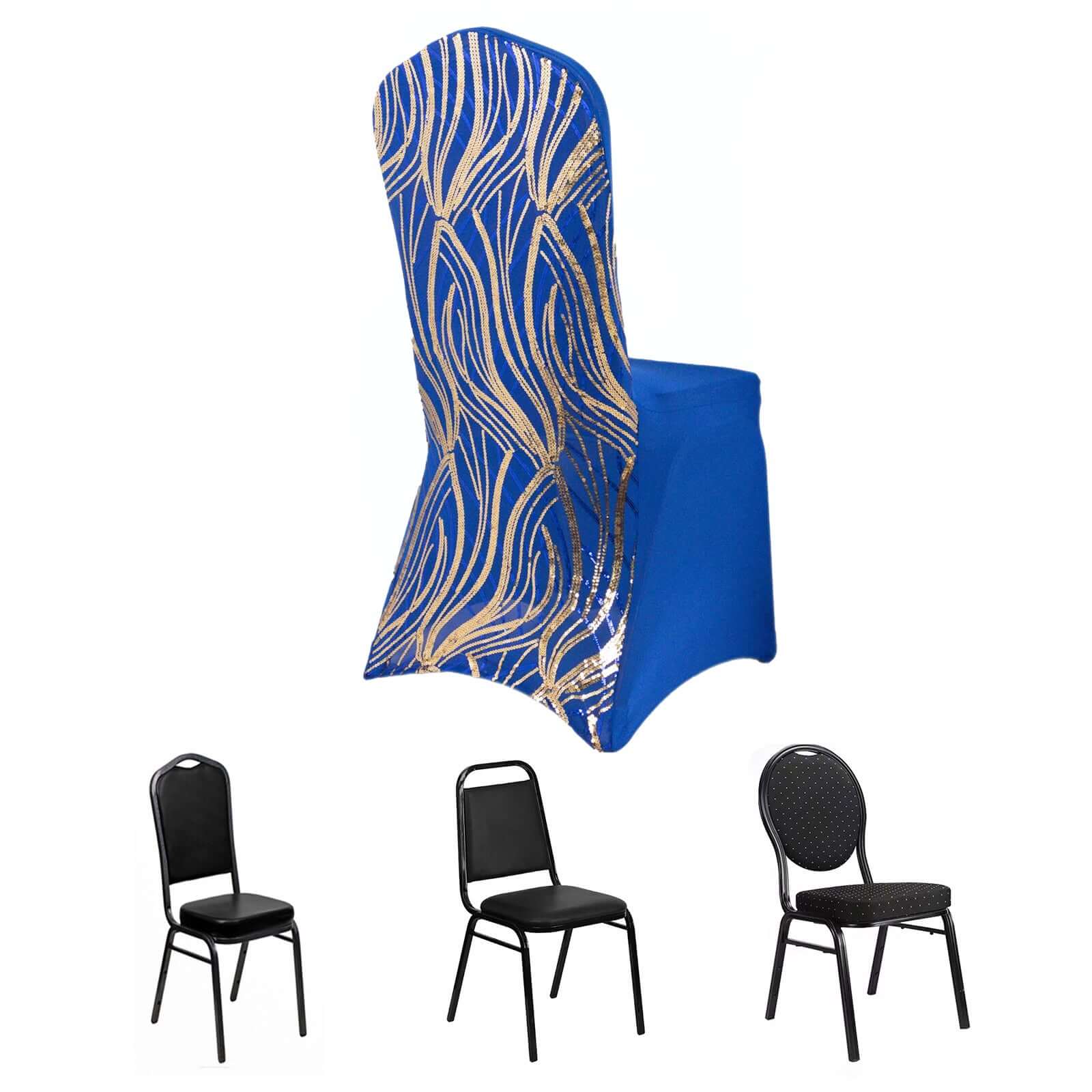 Spandex Stretch Banquet Chair Cover Royal Blue/Gold with Wave Embroidered Sequins - Fitted Slipcover