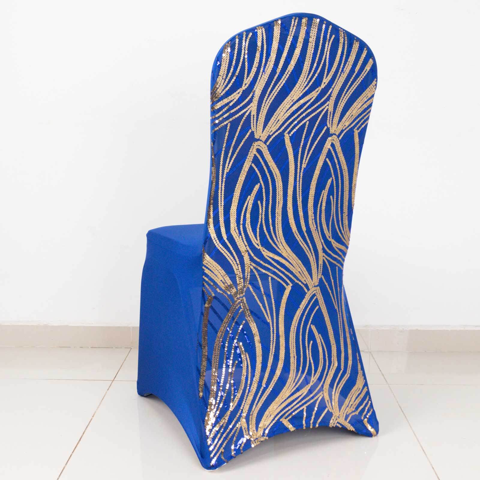 Spandex Stretch Banquet Chair Cover Royal Blue/Gold with Wave Embroidered Sequins - Fitted Slipcover - Image 3