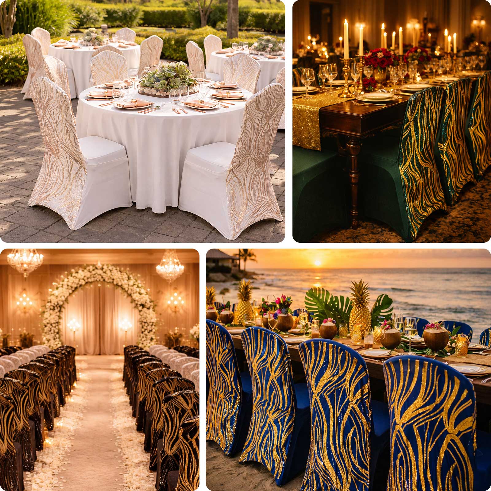 Spandex Stretch Banquet Chair Cover Royal Blue/Gold with Wave Embroidered Sequins - Fitted Slipcover - Image 5