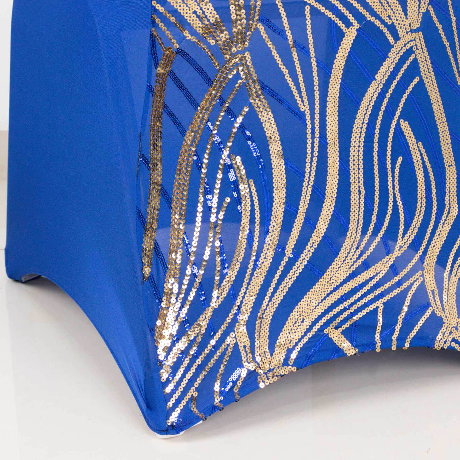 Spandex Stretch Banquet Chair Cover Royal Blue/Gold with Wave Embroidered Sequins - Fitted Slipcover - Image 6