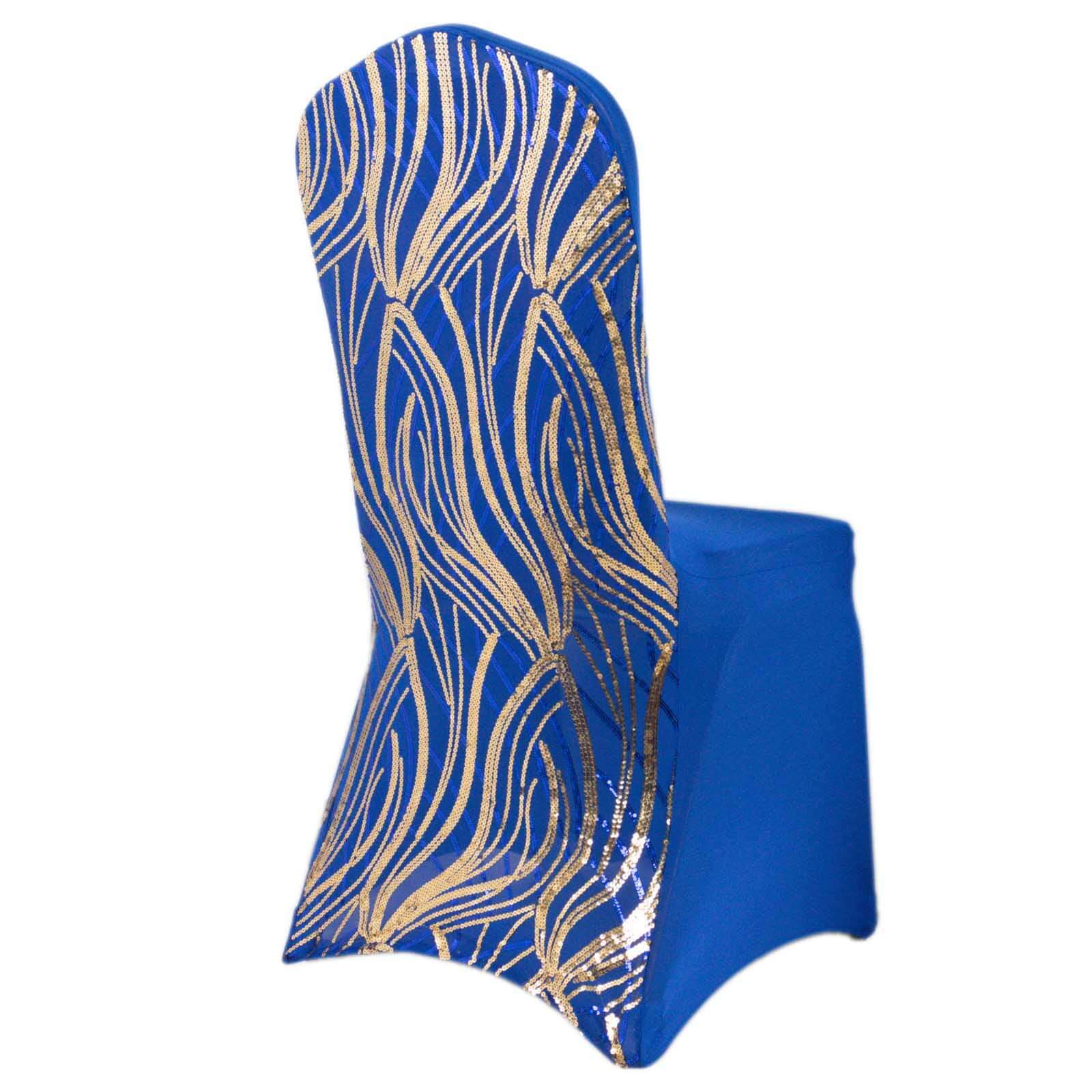 Spandex Stretch Banquet Chair Cover Royal Blue/Gold with Wave Embroidered Sequins - Fitted Slipcover - Image 9