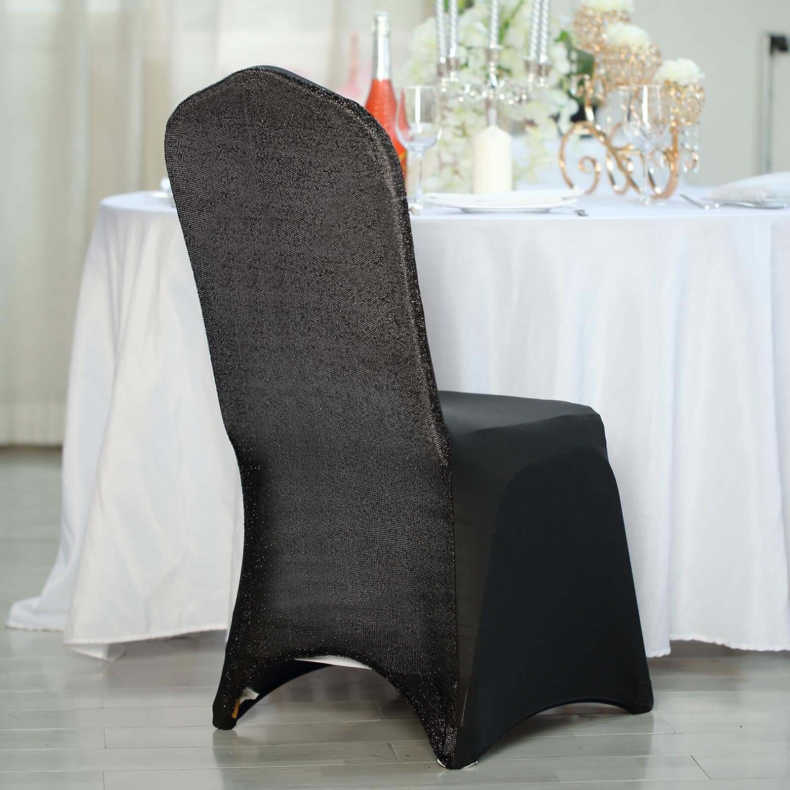 Spandex Stretch Banquet Chair Cover with Metallic Shimmer Tinsel Back Black - Fitted Slipcover - Image 2
