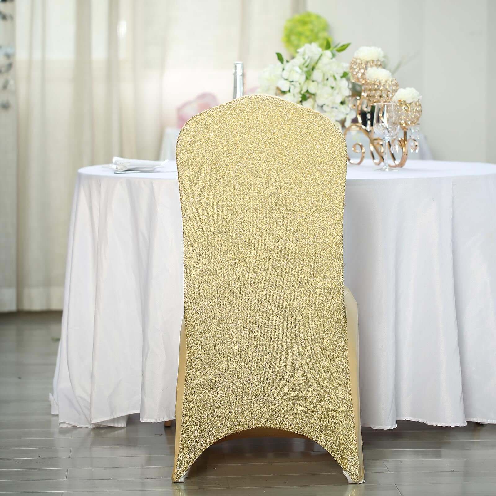 Spandex Stretch Banquet Chair Cover with Metallic Shimmer Tinsel Back Champagne - Fitted Slipcover - Image 6
