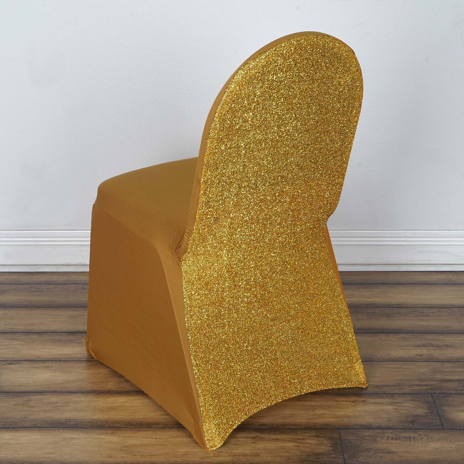 Spandex Stretch Banquet Chair Cover with Metallic Shimmer Tinsel Back Gold - Stylish Fitted Slipcover for Sophisticated Events