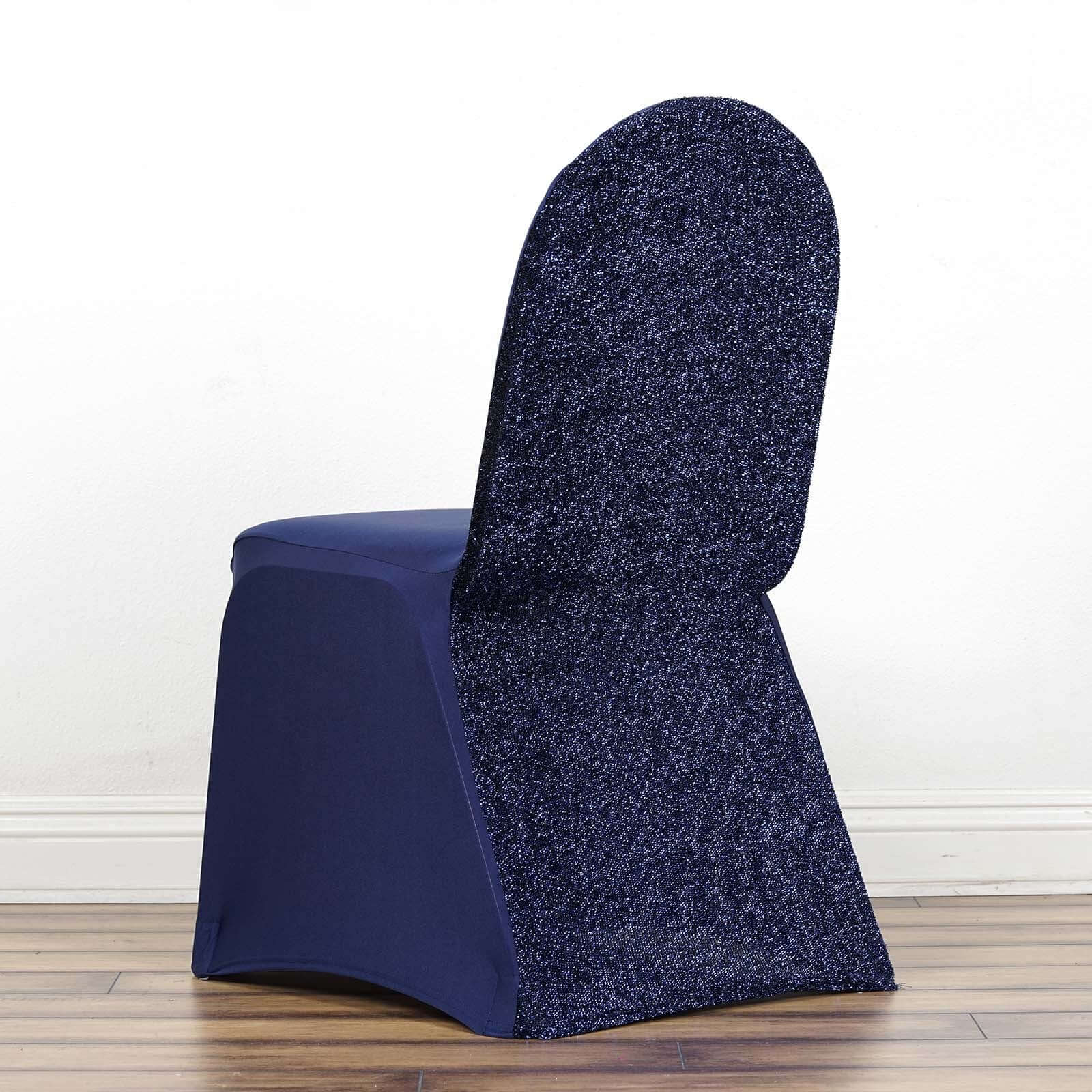 Spandex Stretch Banquet Chair Cover with Metallic Shimmer Tinsel Back Navy Blue - Fitted Slipcover - Image 2