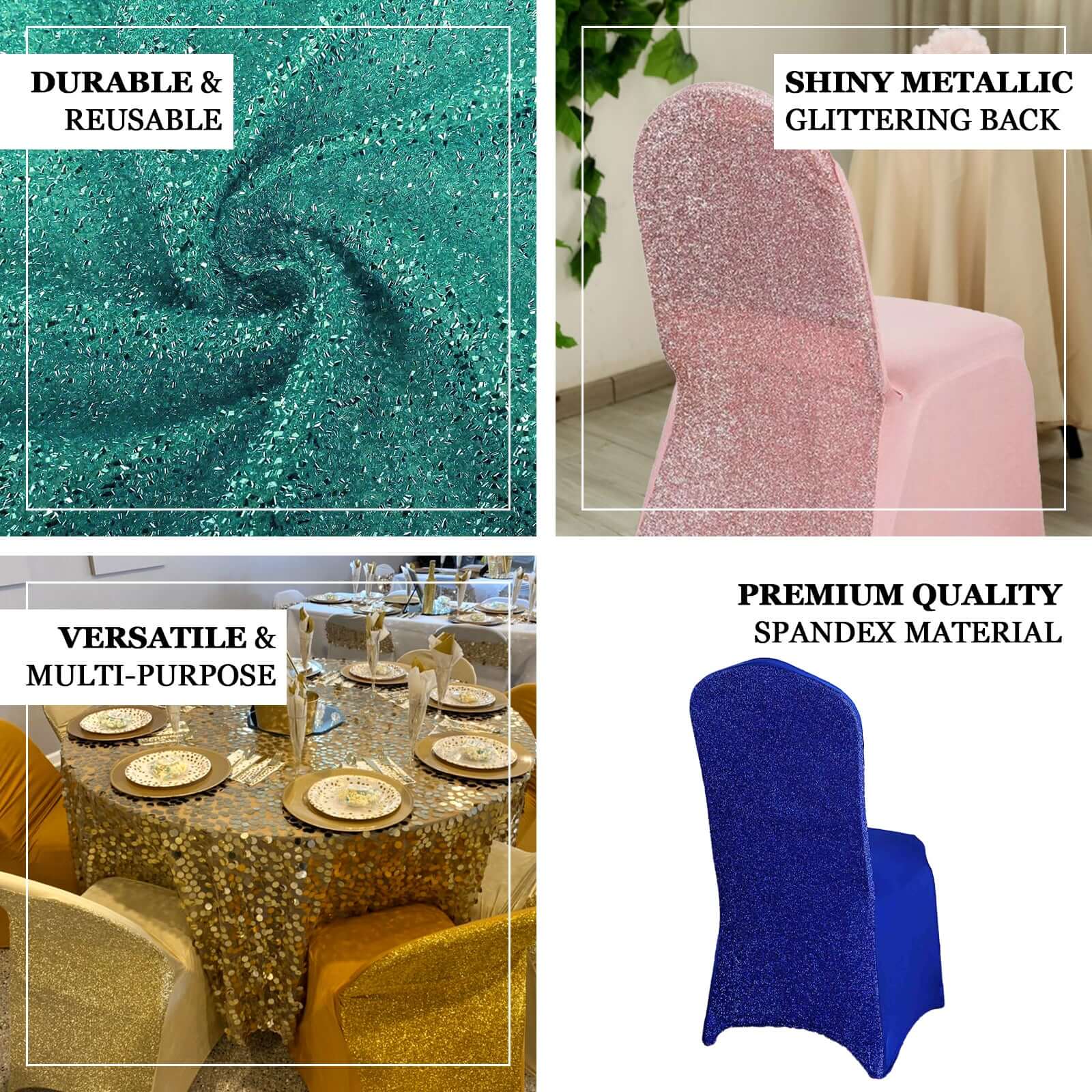 Spandex Stretch Banquet Chair Cover with Metallic Shimmer Tinsel Back Royal Blue - Fitted Slipcover - Image 4