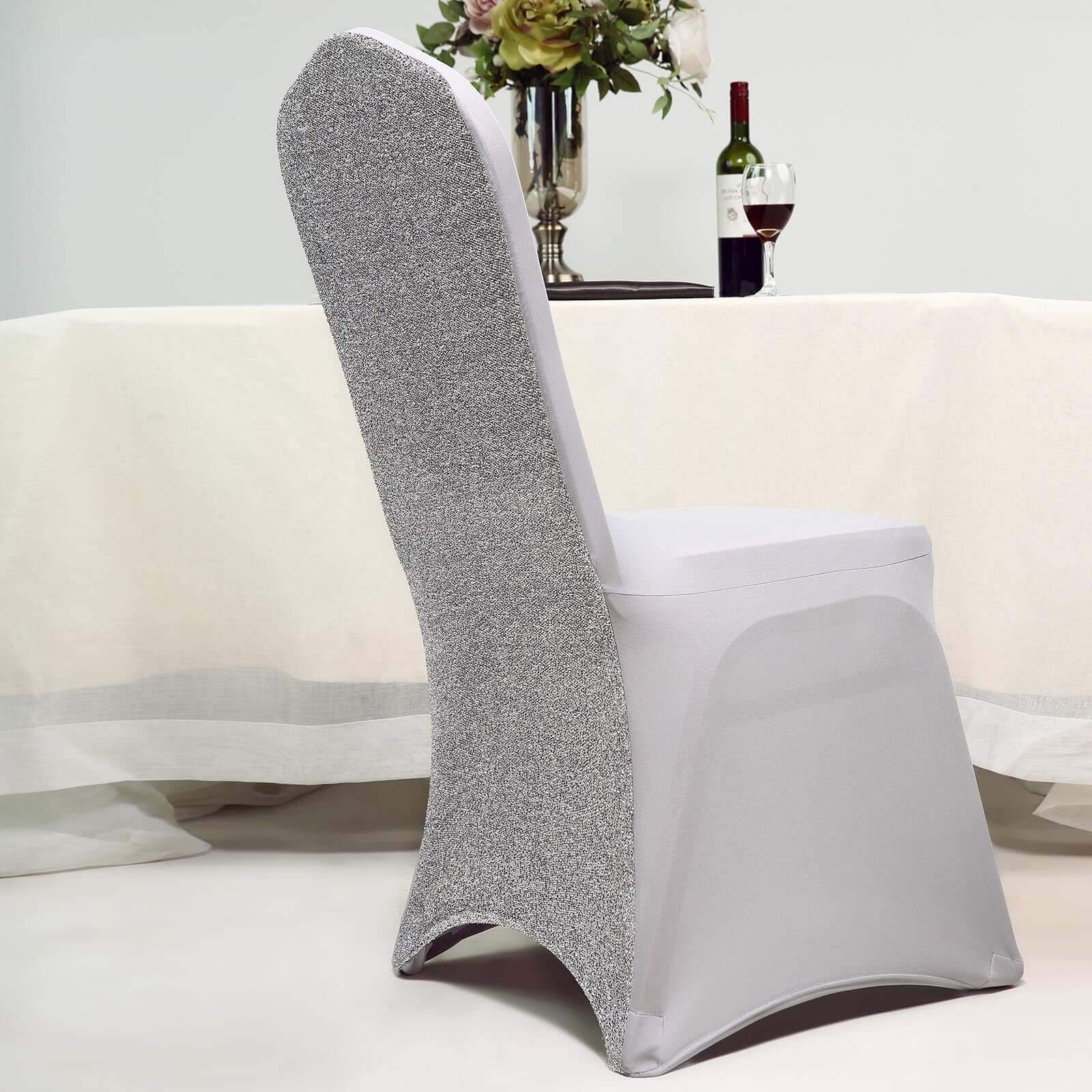 Spandex Stretch Banquet Chair Cover with Metallic Shimmer Tinsel Back Silver - Fitted Slipcover - Image 6