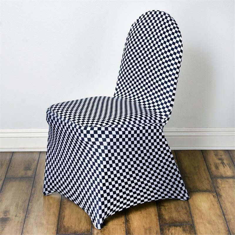 Spandex Stretch Banquet Chair Covers Black/White Buffalo Plaid - Fitted Checkered Design for Rustic & Modern Events - Image 3