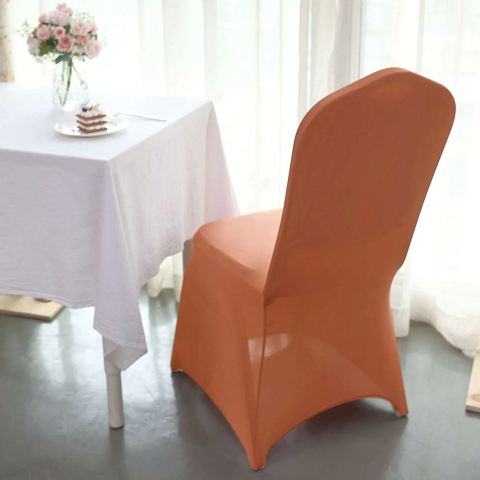 Spandex Stretch Fitted Banquet Chair Cover 160GSM Terracotta (Rust) - Durable Slip-On Slipcover - Image 3