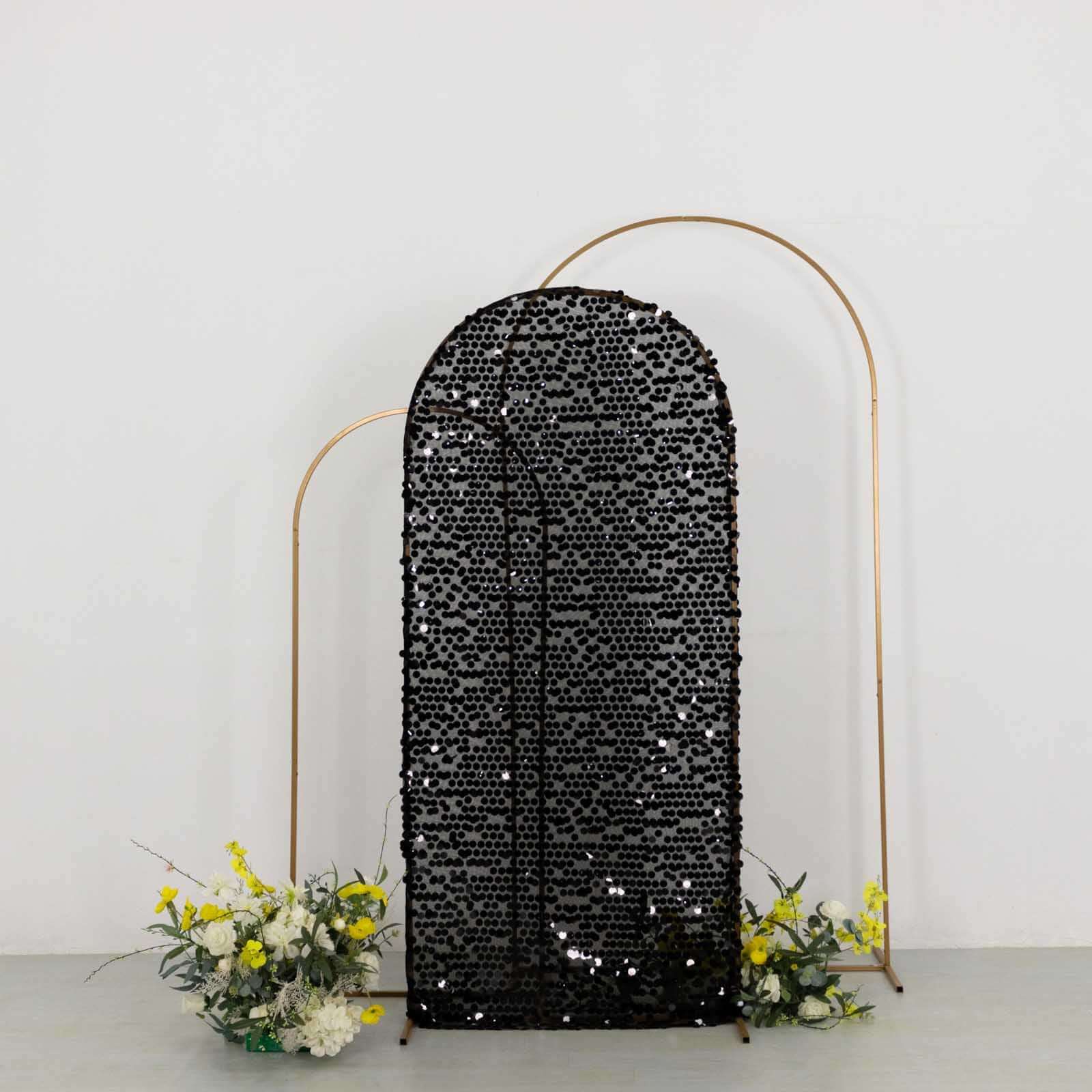 Sparkly Black Big Payette Sequin Fitted Chiara Backdrop Stand Cover for Round Top Wedding Arch - 6ft