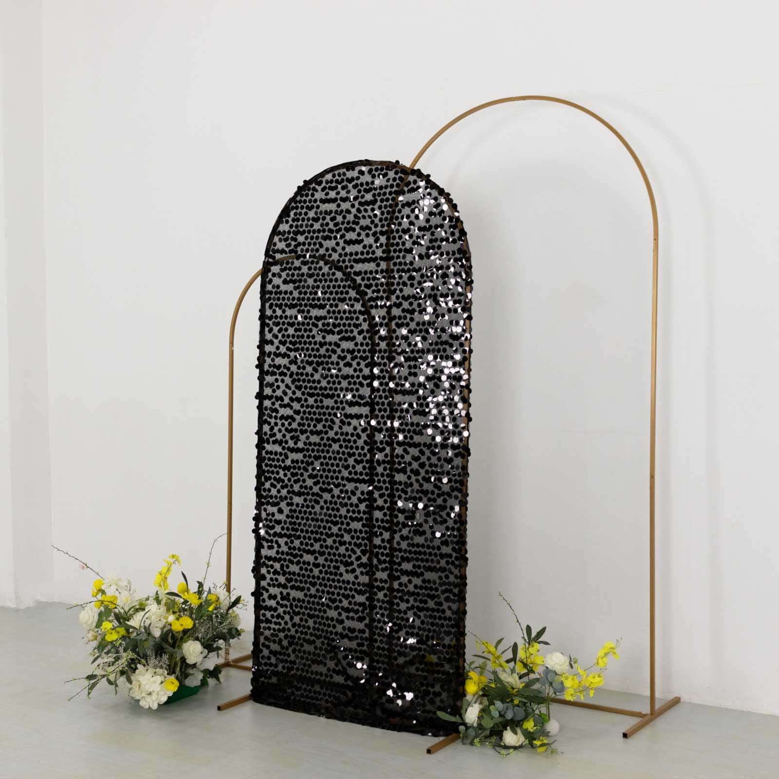 Sparkly Black Big Payette Sequin Fitted Chiara Backdrop Stand Cover for Round Top Wedding Arch - 6ft - Image 4