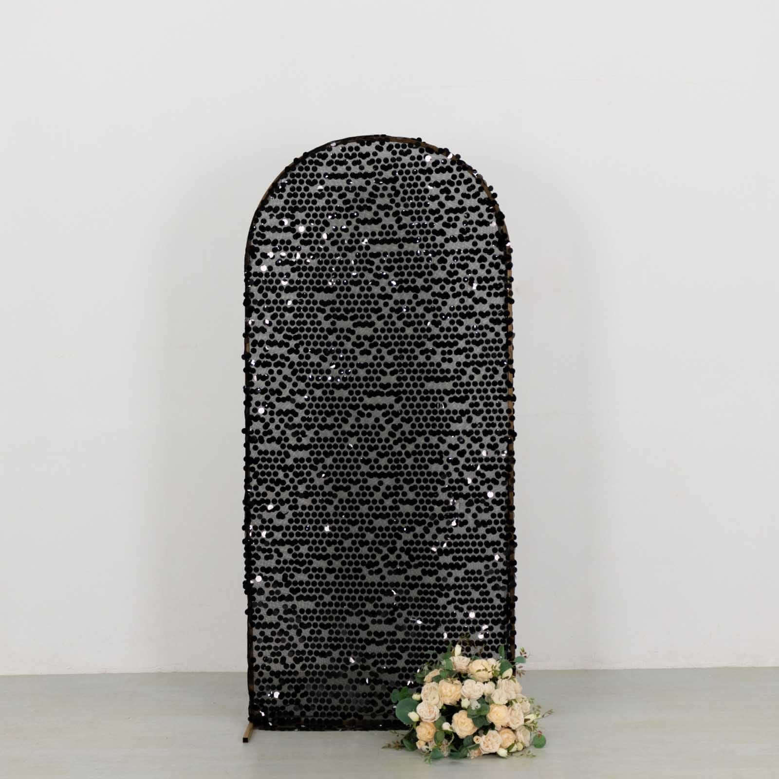 Sparkly Black Big Payette Sequin Fitted Chiara Backdrop Stand Cover for Round Top Wedding Arch - 6ft - Image 5