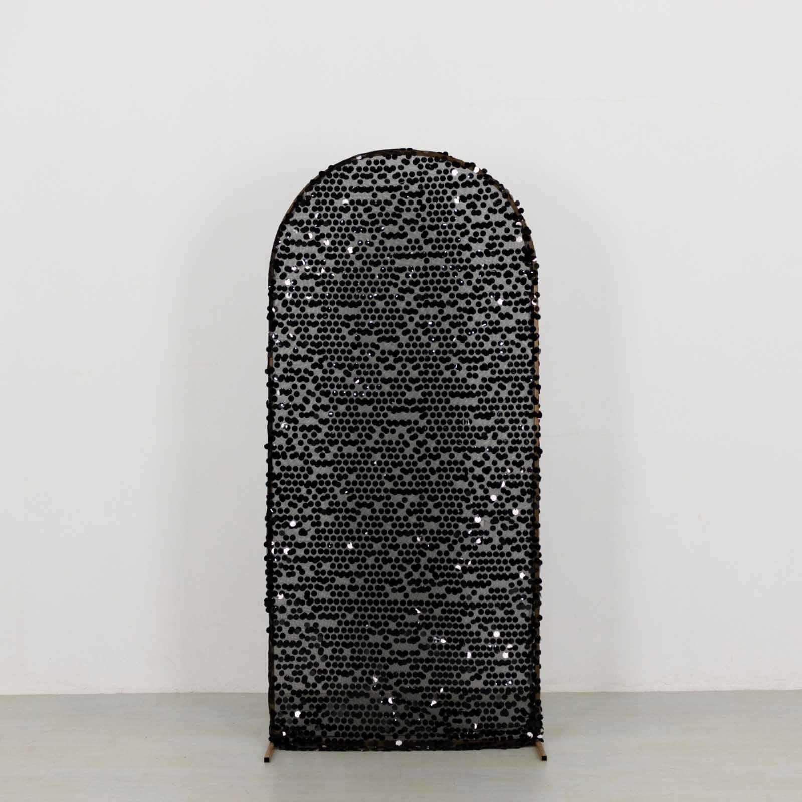 Sparkly Black Big Payette Sequin Fitted Chiara Backdrop Stand Cover for Round Top Wedding Arch - 6ft - Image 6