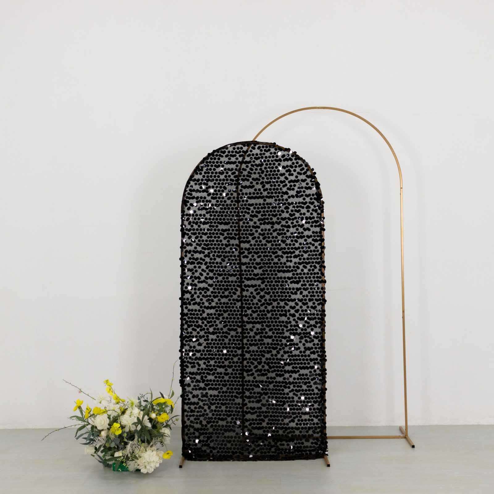 Sparkly Black Big Payette Sequin Fitted Chiara Backdrop Stand Cover for Round Top Wedding Arch - 6ft - Image 8