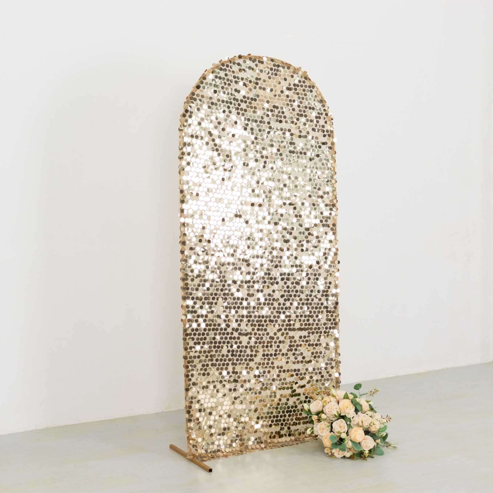 Sparkly Champagne Big Payette Sequin Fitted Chiara Backdrop Stand Cover for Round Top Wedding Arch - 6ft - Image 2