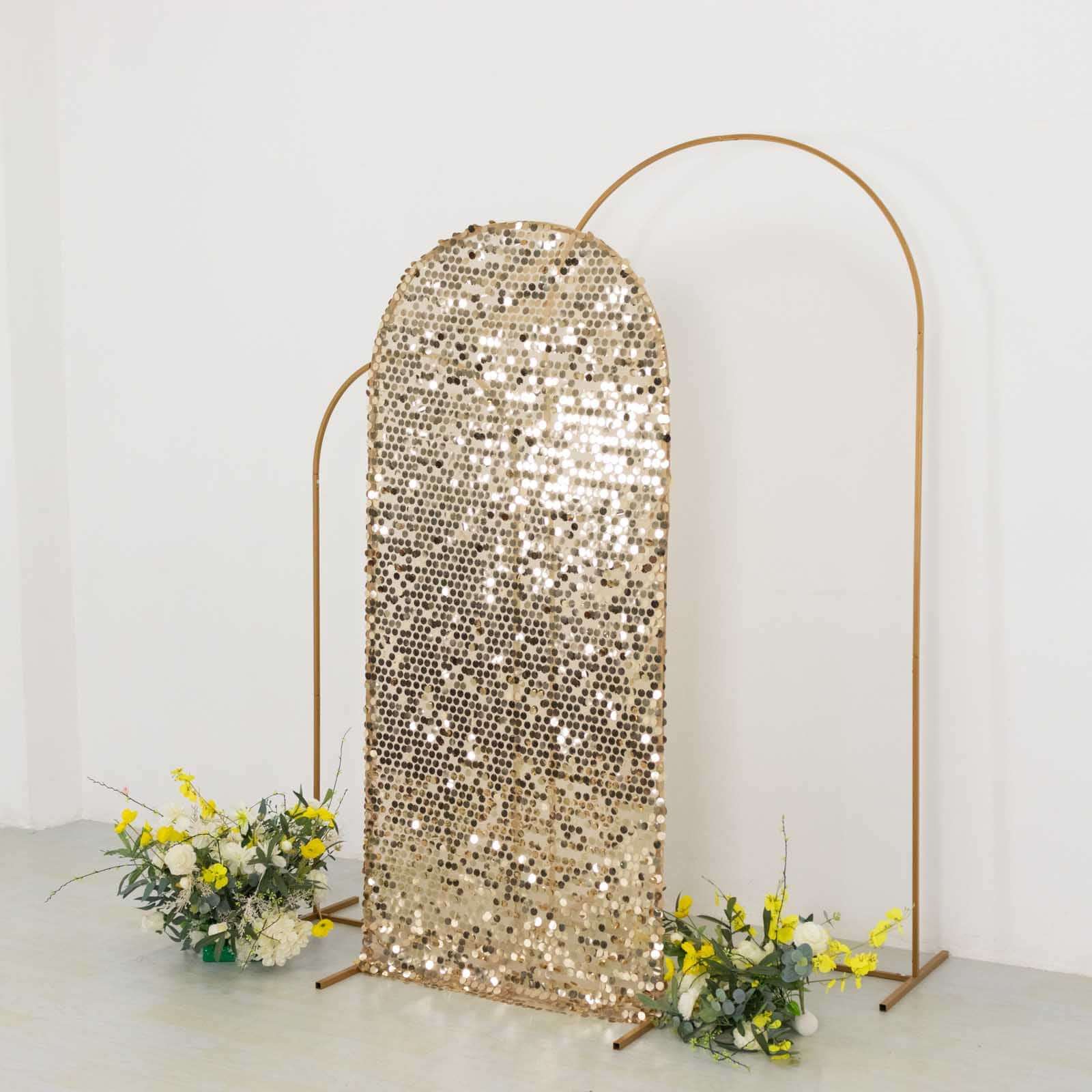Sparkly Champagne Big Payette Sequin Fitted Chiara Backdrop Stand Cover for Round Top Wedding Arch - 6ft - Image 4