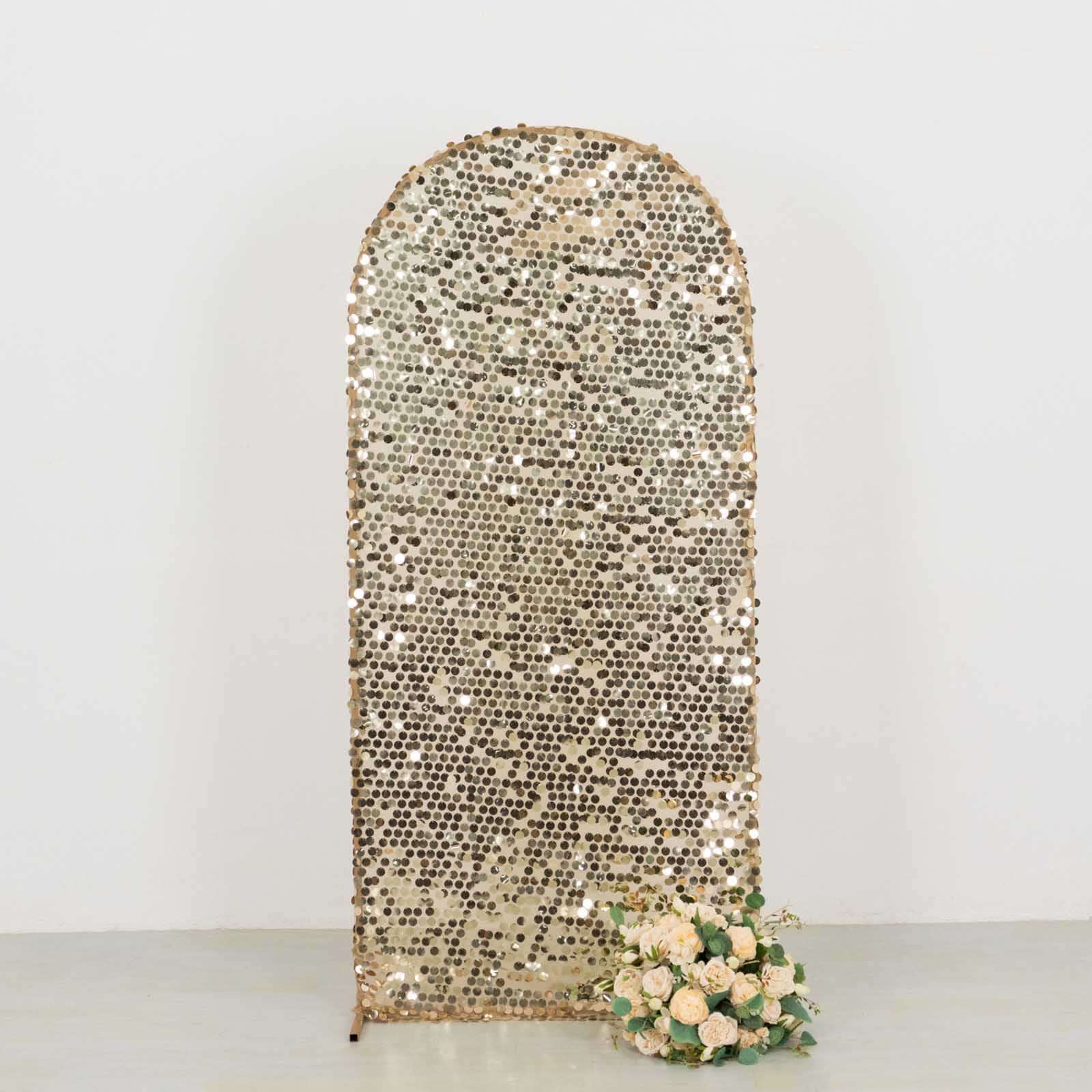 Sparkly Champagne Big Payette Sequin Fitted Chiara Backdrop Stand Cover for Round Top Wedding Arch - 6ft - Image 5