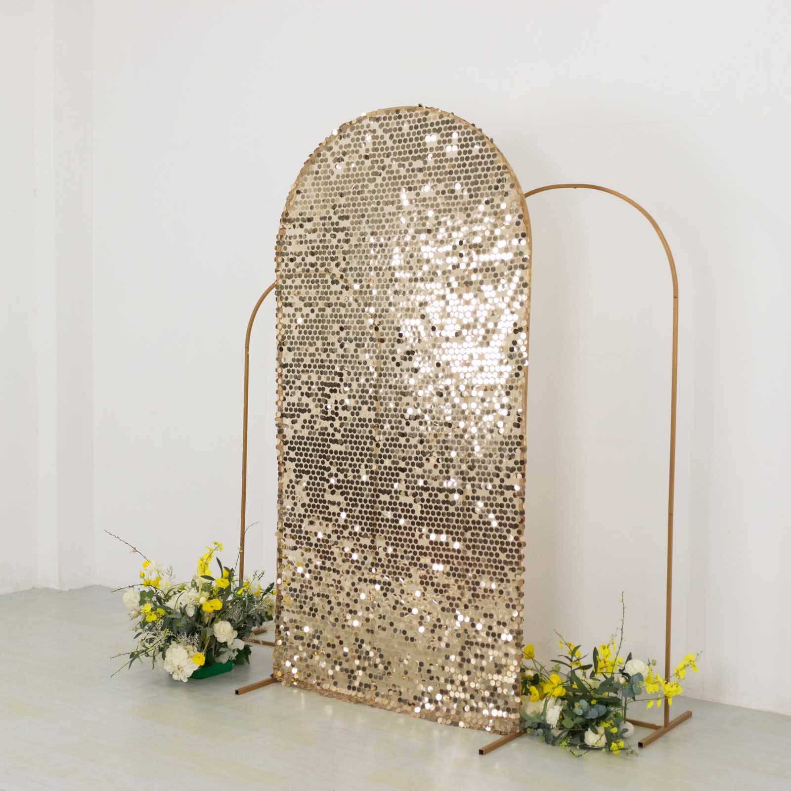 Sparkly Champagne Big Payette Sequin Fitted Chiara Backdrop Stand Cover for Round Top Wedding Arch - 7ft - Image 4