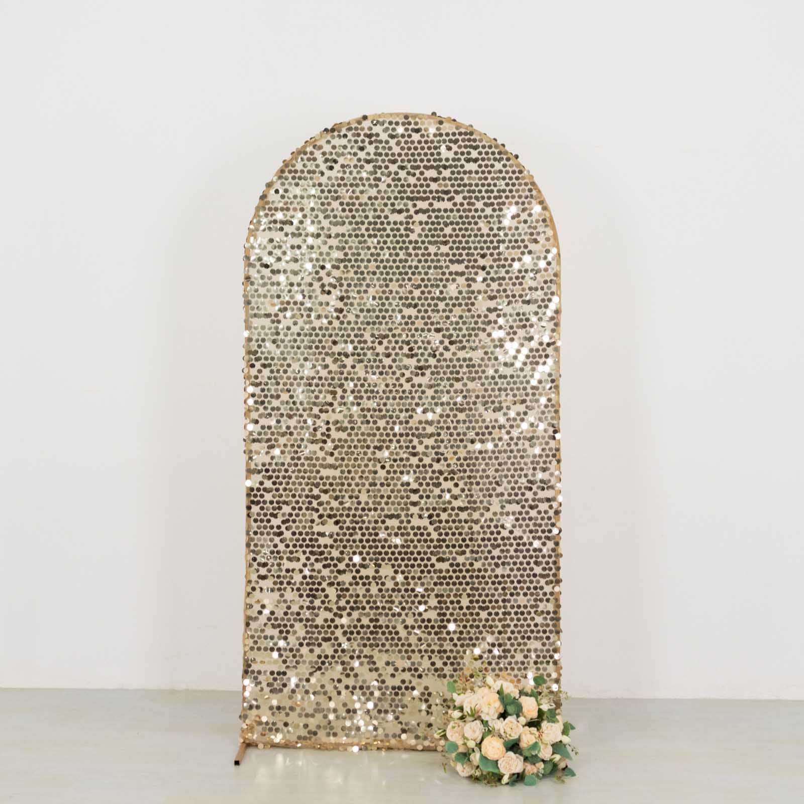 Sparkly Champagne Big Payette Sequin Fitted Chiara Backdrop Stand Cover for Round Top Wedding Arch - 7ft - Image 5