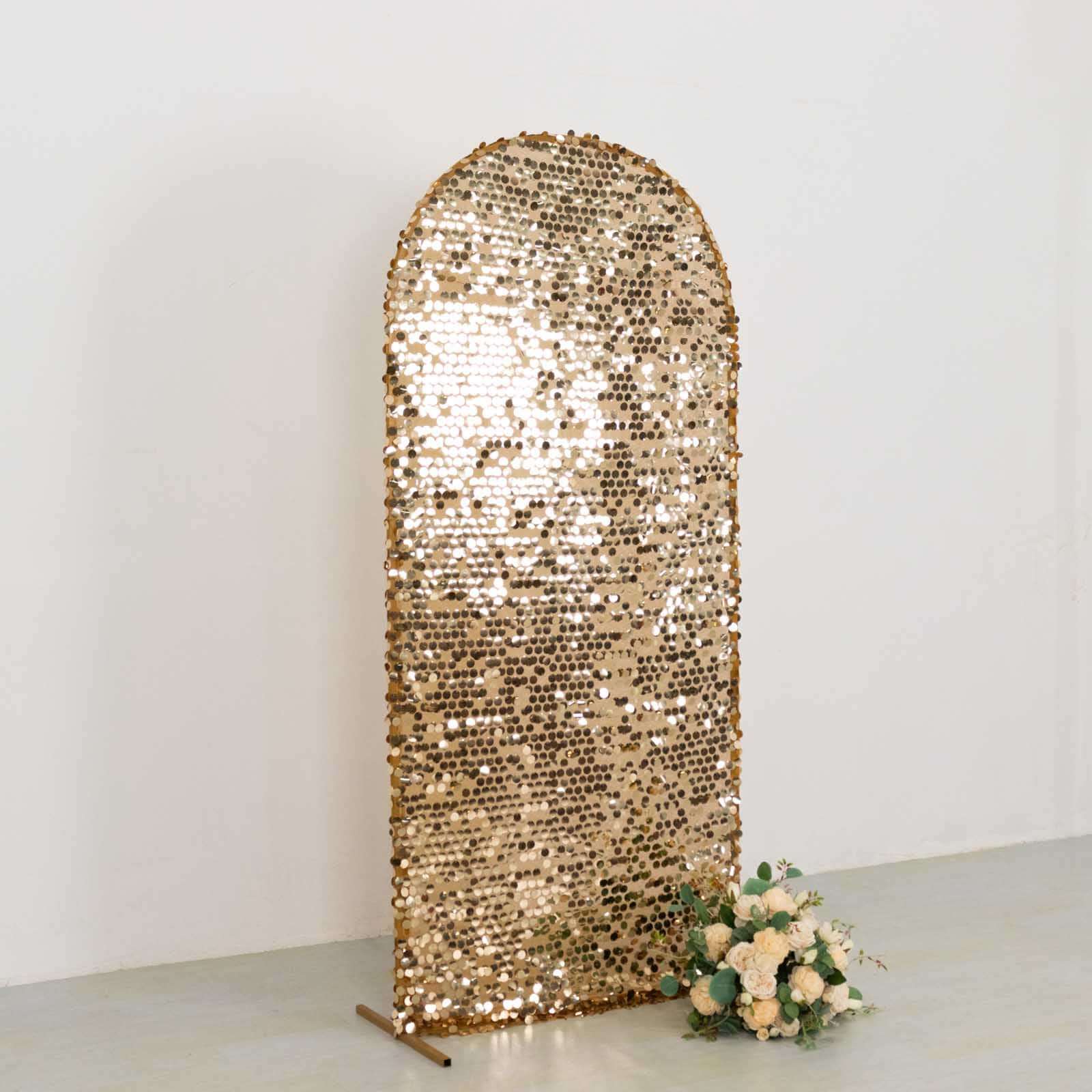 Sparkly Gold Big Payette Sequin Fitted Chiara Backdrop Stand Cover for Round Top Wedding Arch - 6ft - Image 2