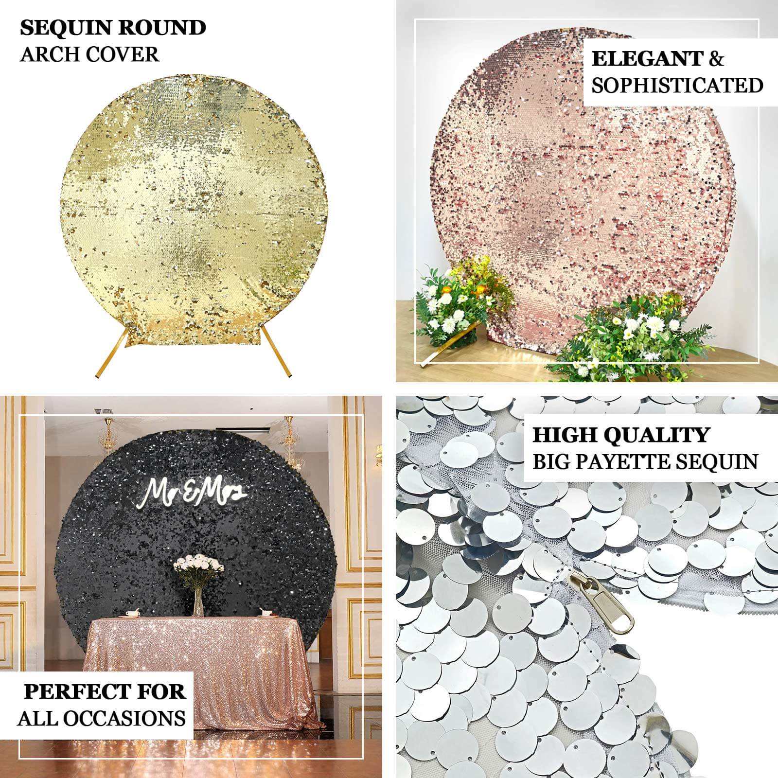 Sparkly Rose Gold Big Payette Sequin Backdrop Stand Cover for Round Wedding Arch - 7.5ft - Image 4