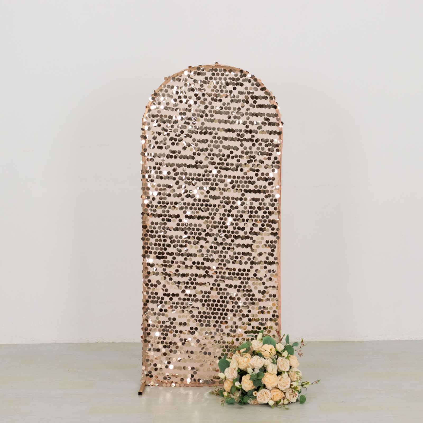Sparkly Rose Gold Big Payette Sequin Fitted Chiara Backdrop Stand Cover for Round Top Wedding Arch - 5ft - Image 5