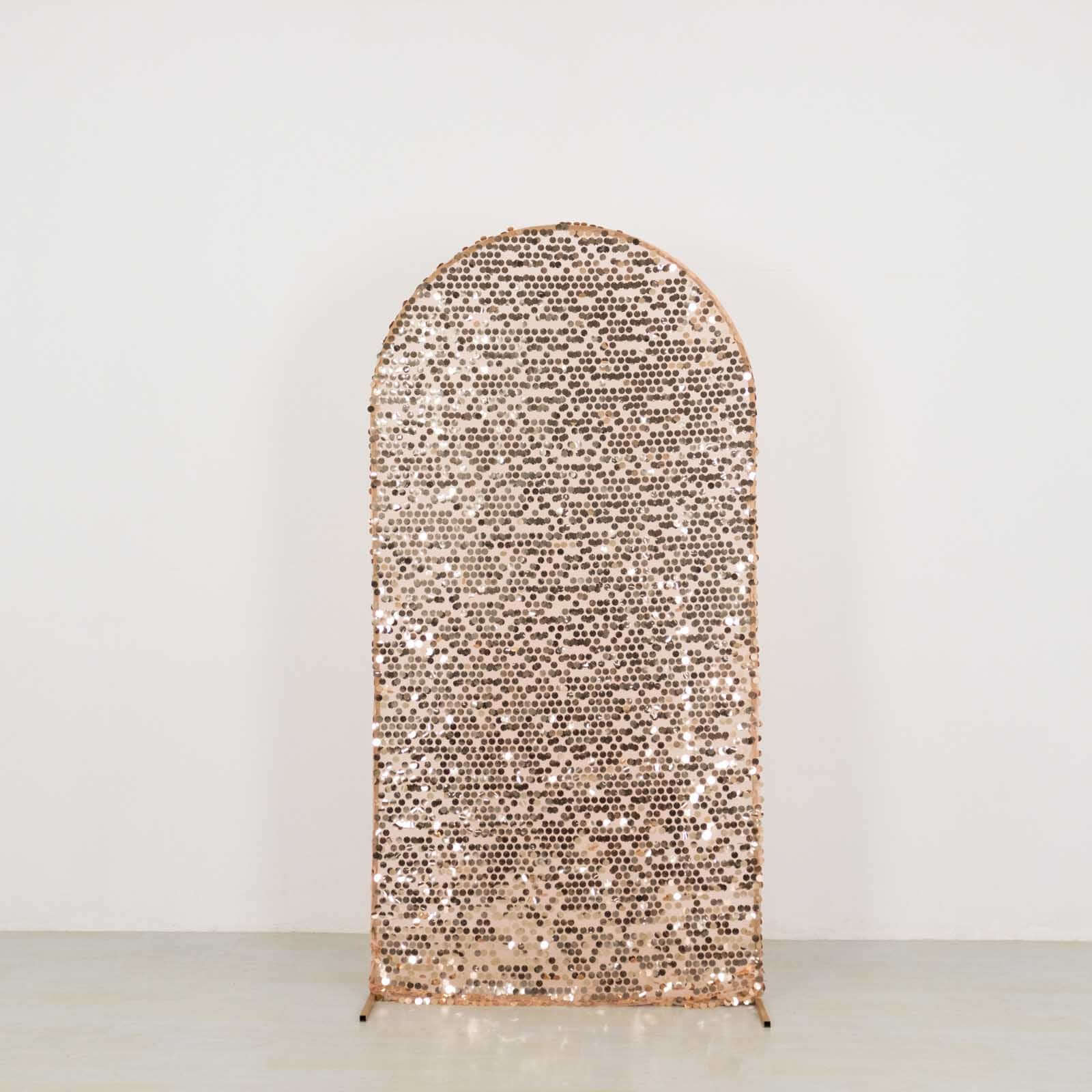 Sparkly Rose Gold Big Payette Sequin Fitted Chiara Backdrop Stand Cover for Round Top Wedding Arch - 7ft - Image 6