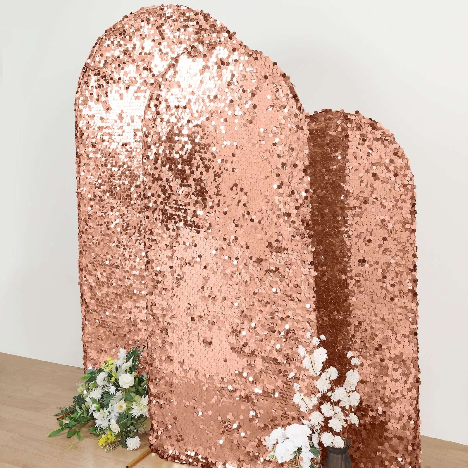 Sparkly Rose Gold Double Sided Big Payette Sequin Fitted Wedding Arch Cover For Round Top Chiara Backdrop Stand 6ft - Image 2