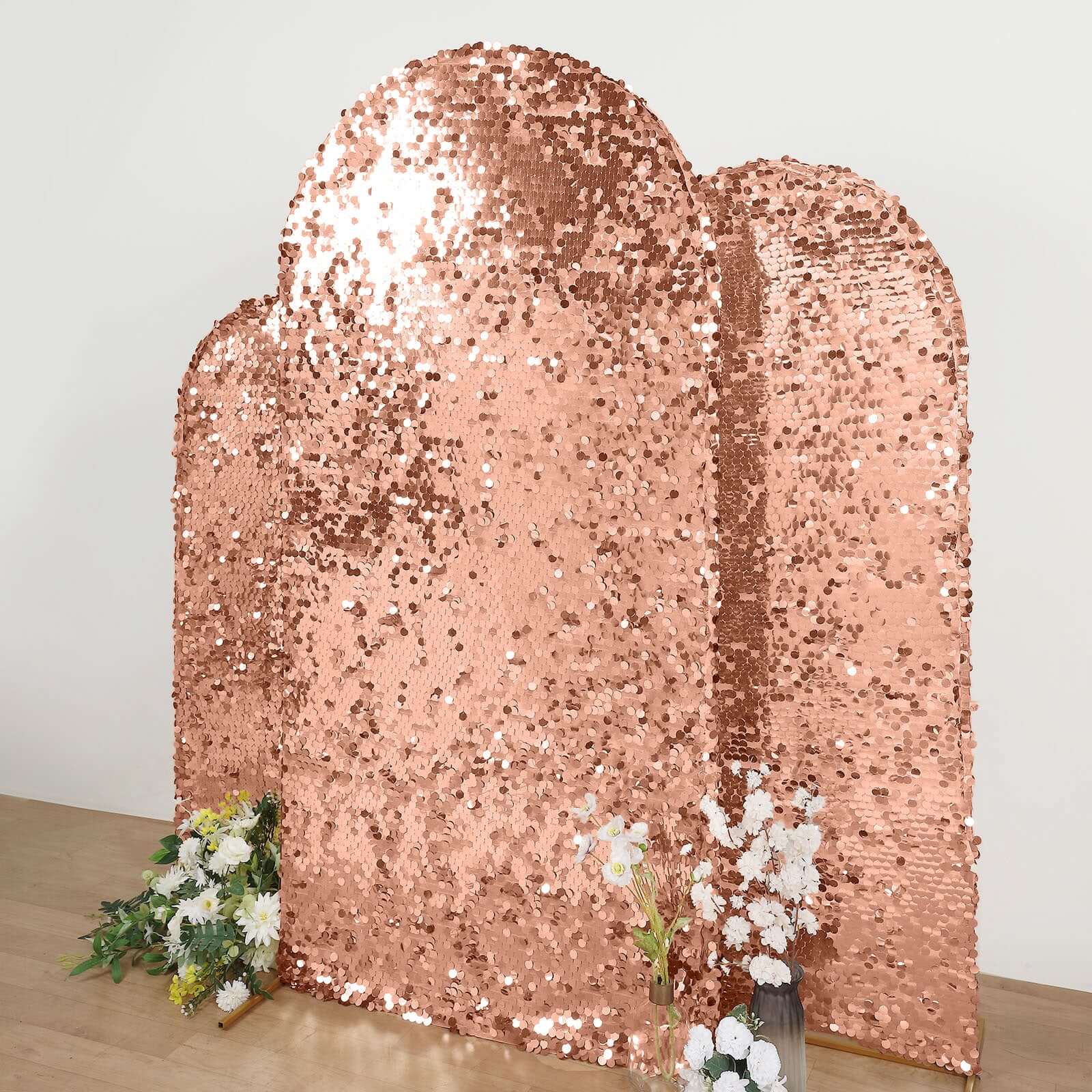 Sparkly Rose Gold Double Sided Big Payette Sequin Fitted Wedding Arch Cover For Round Top Chiara Backdrop Stand 7ft - Image 2