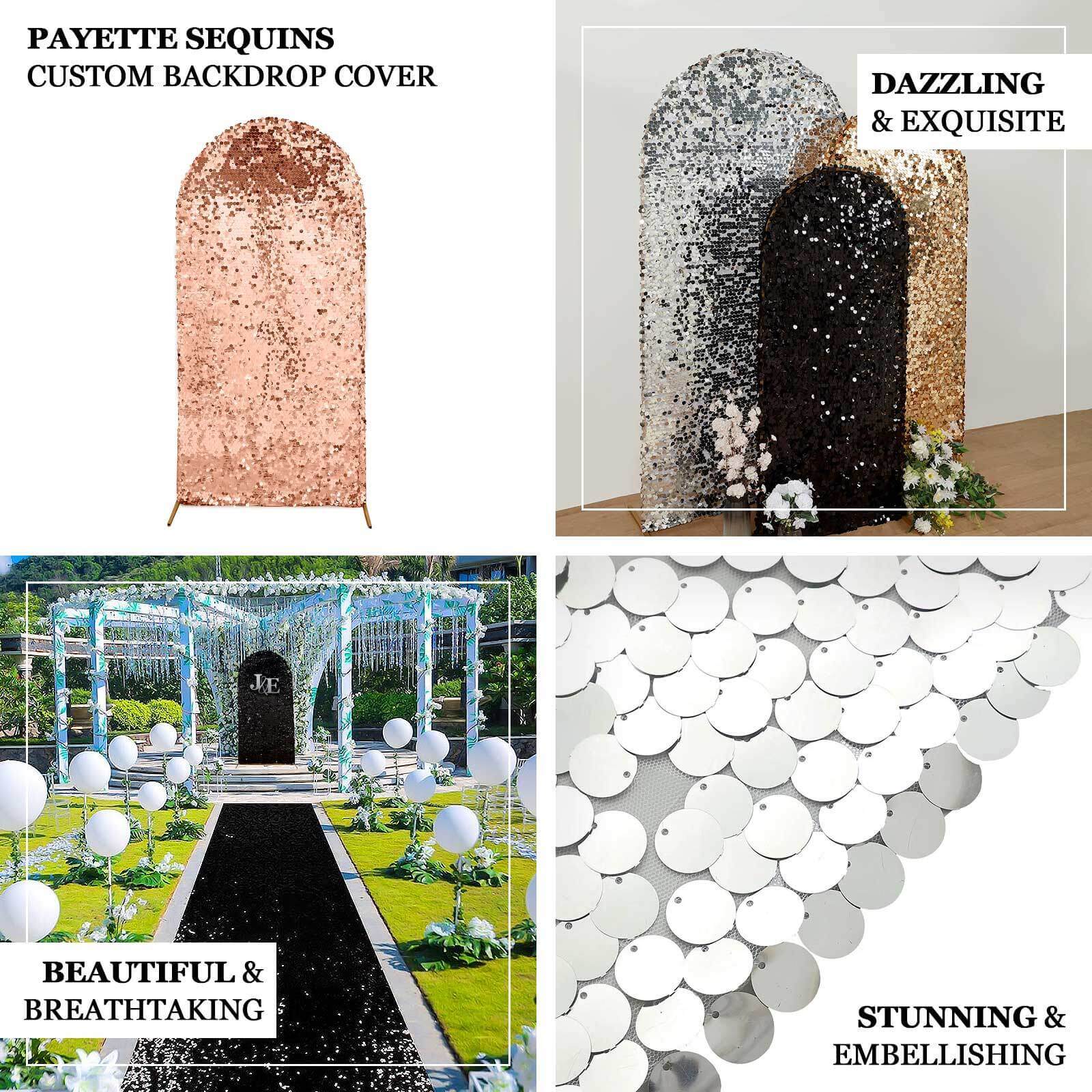 Sparkly Rose Gold Double Sided Big Payette Sequin Fitted Wedding Arch Cover For Round Top Chiara Backdrop Stand 7ft - Image 4