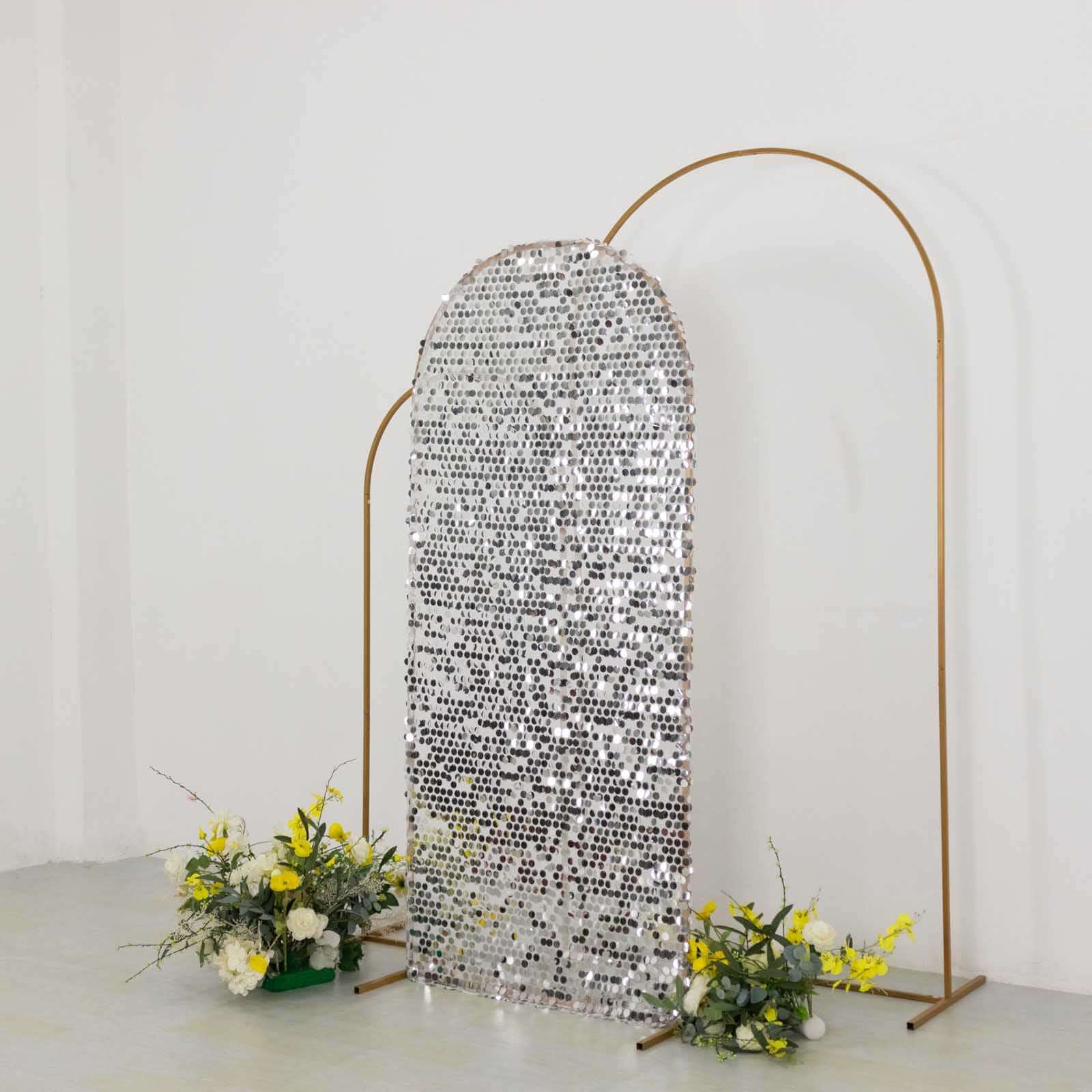 Sparkly Silver Big Payette Sequin Fitted Chiara Backdrop Stand Cover for Round Top Wedding Arch - 6ft - Image 4