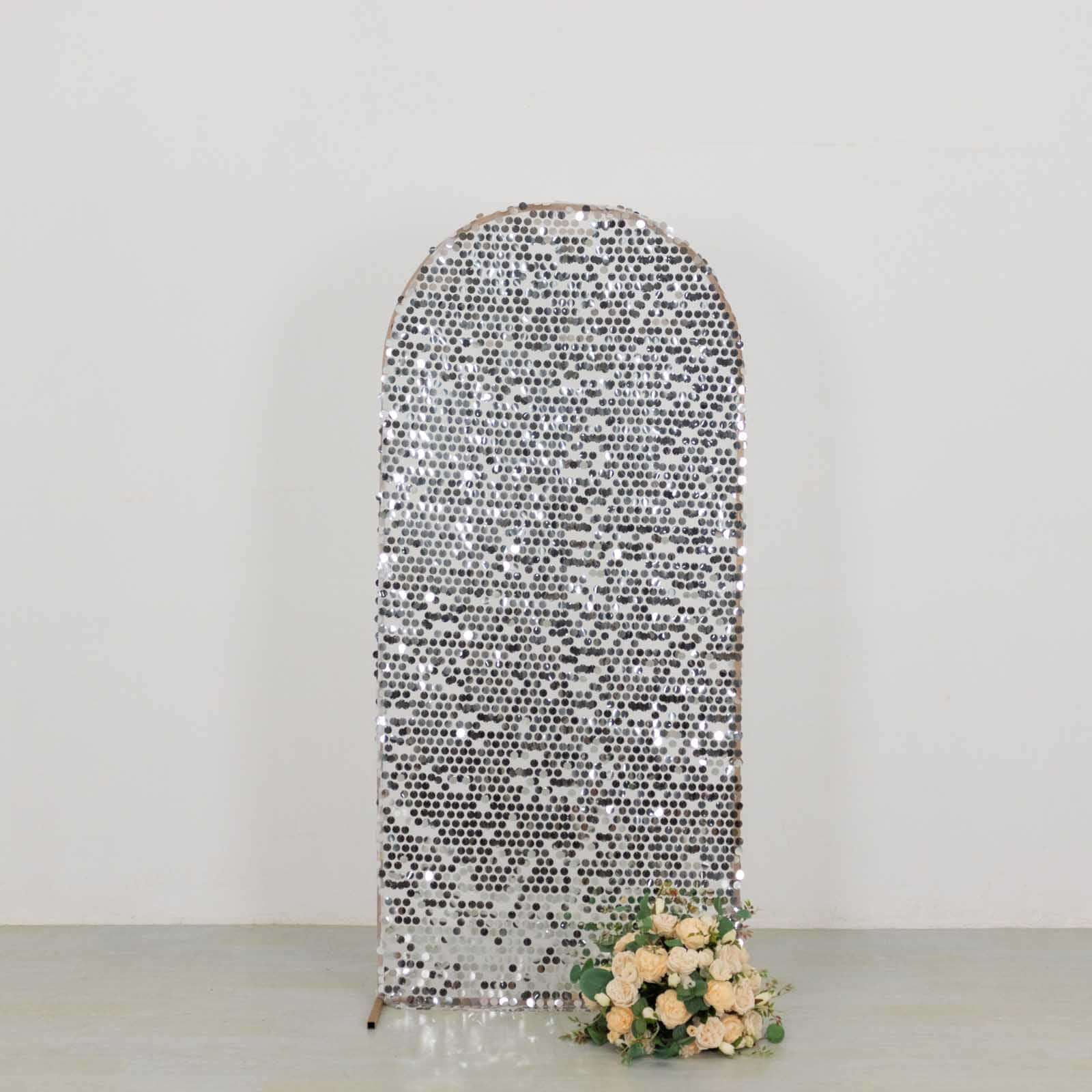 Sparkly Silver Big Payette Sequin Fitted Chiara Backdrop Stand Cover for Round Top Wedding Arch - 6ft - Image 5