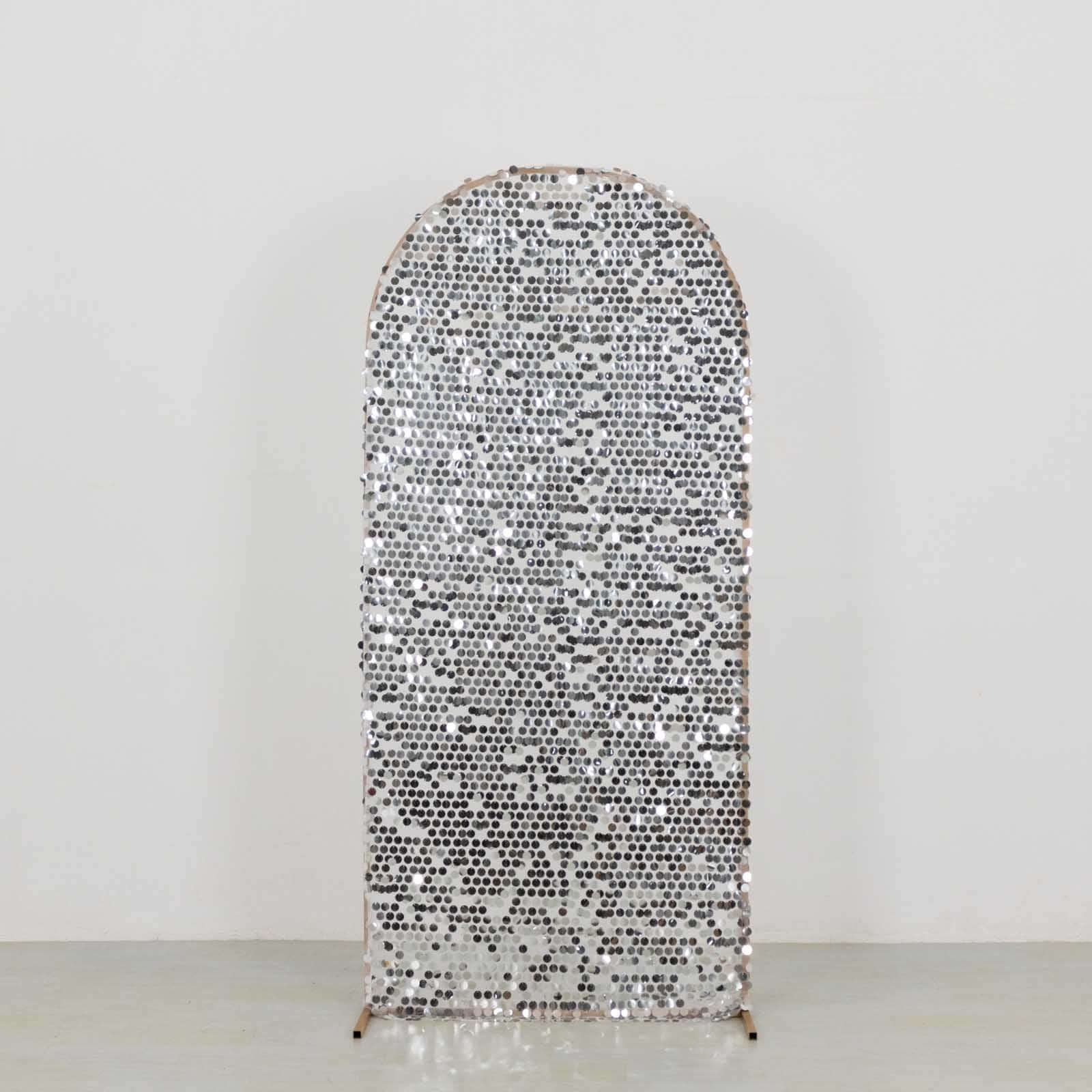 Sparkly Silver Big Payette Sequin Fitted Chiara Backdrop Stand Cover for Round Top Wedding Arch - 6ft - Image 6