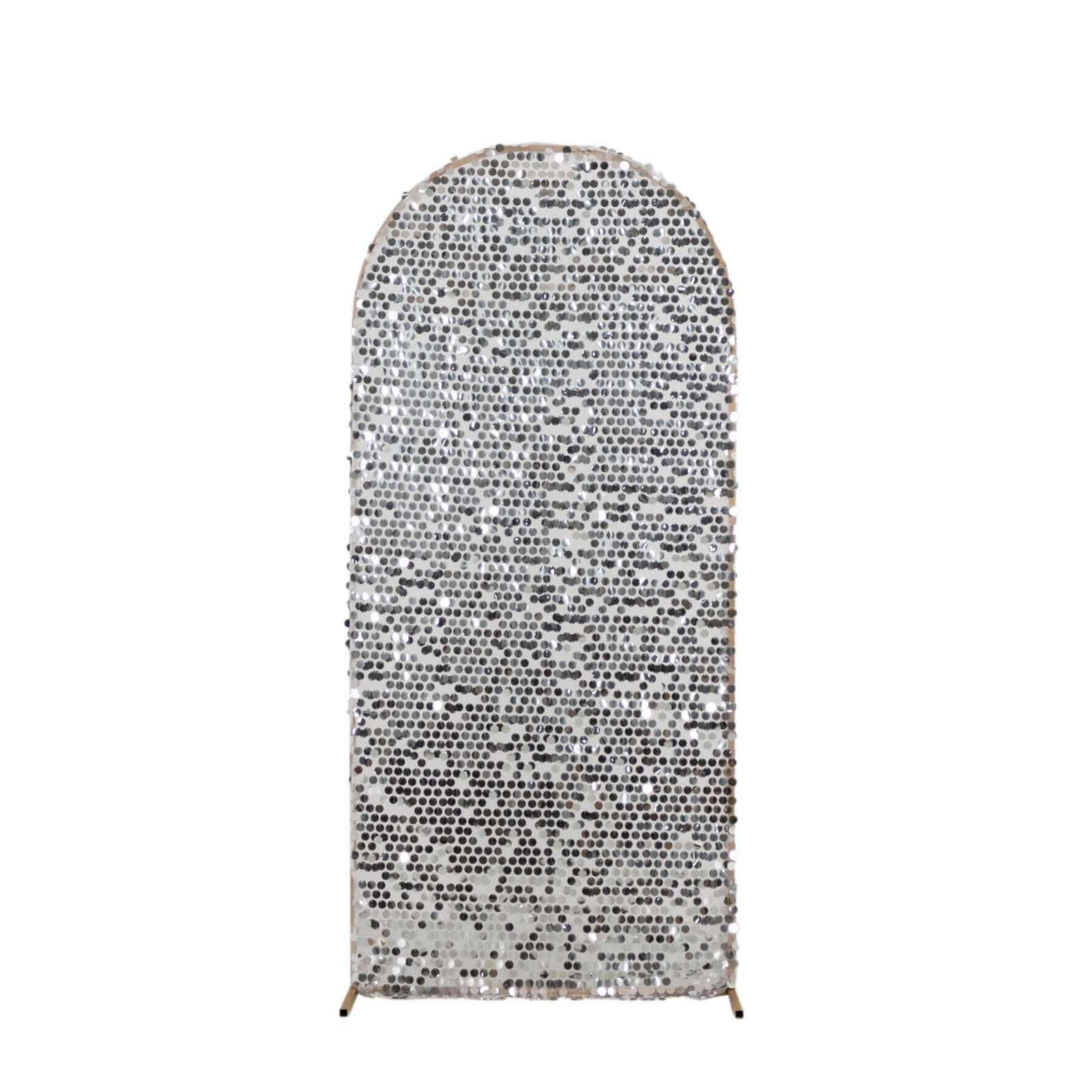 Sparkly Silver Big Payette Sequin Fitted Chiara Backdrop Stand Cover for Round Top Wedding Arch - 6ft - Image 7
