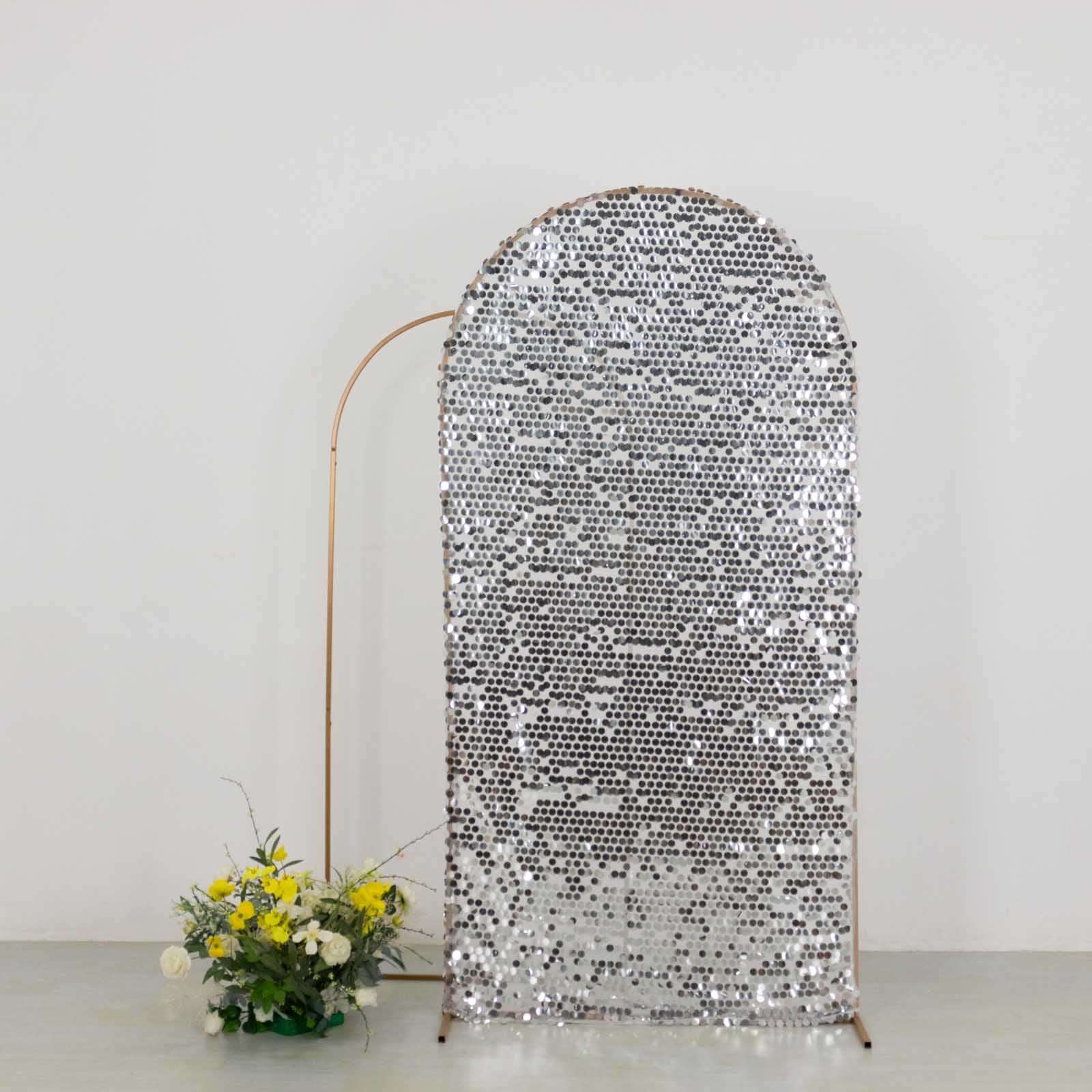 Sparkly Silver Big Payette Sequin Fitted Chiara Backdrop Stand Cover for Round Top Wedding Arch - 7ft - Image 8