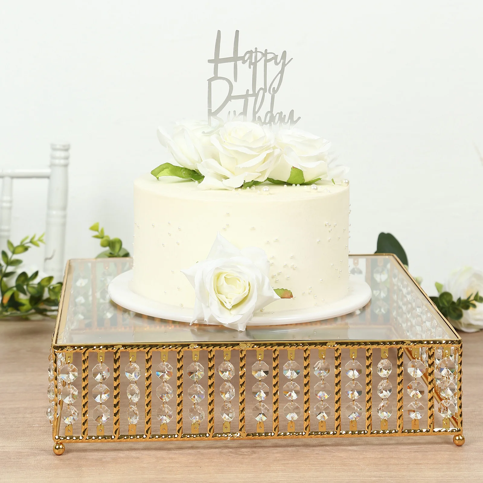 Square Crystal Cake Stand with Hanging Beads and Glass Top – 14" Gold Metal Dessert Display Tray - Image 7